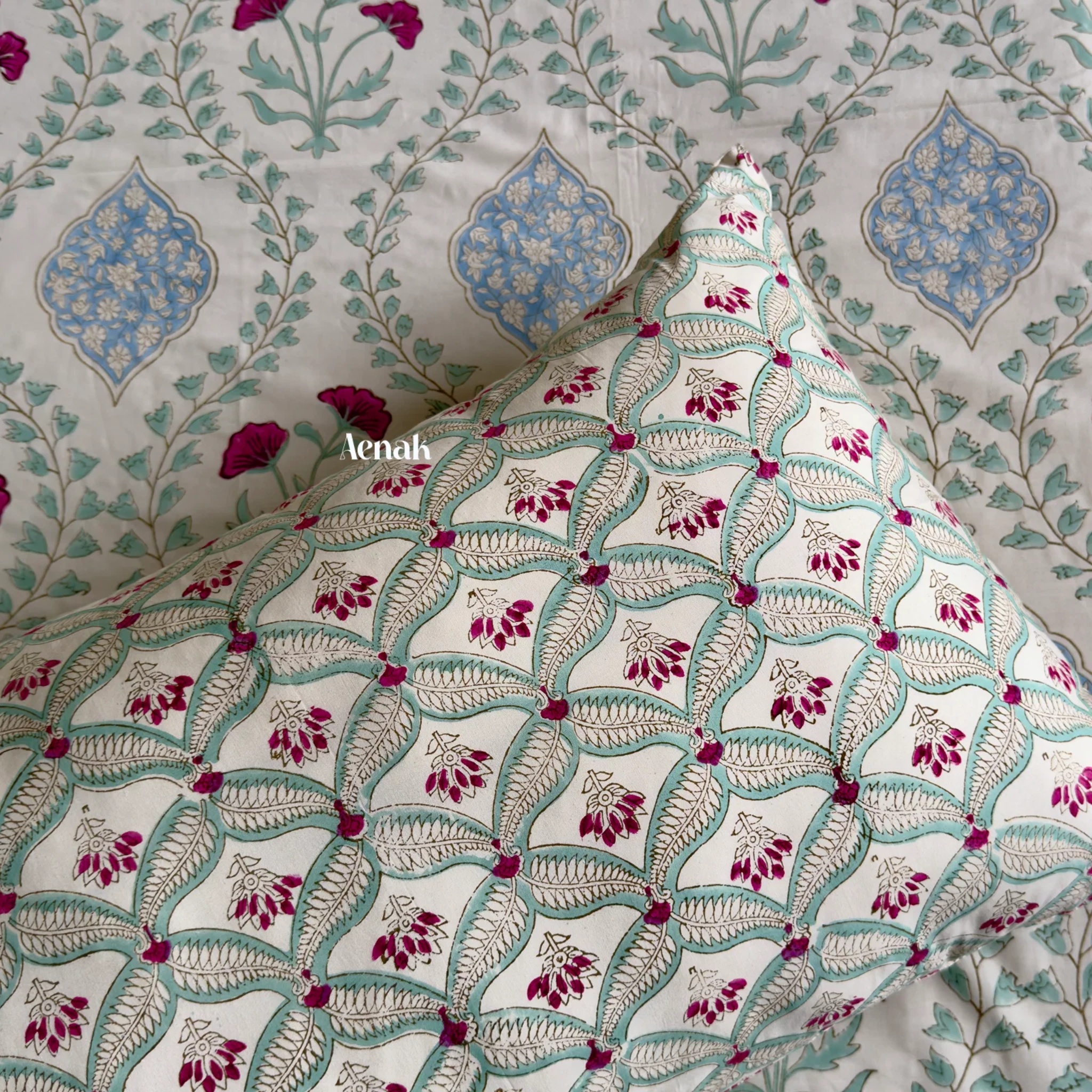 Pink Poppy Jaal Handblock Premium Cotton Bedsheet Set (Light Beige Base) by Aenak Studios | Tooffi
