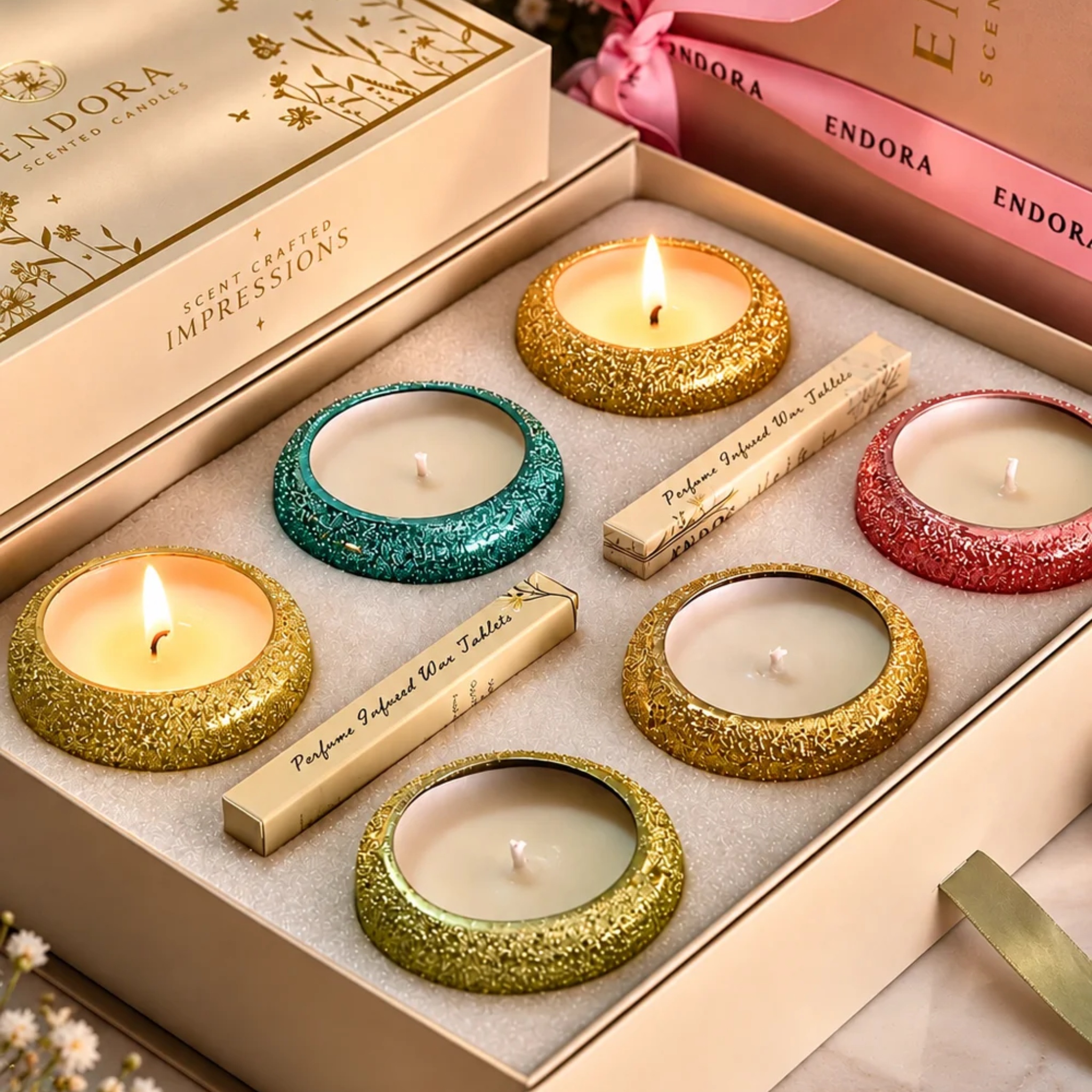 Crinkle Glow Diya Gift Set + 2 Scented Wax Tablets by Endora Scented Candles | Tooffi