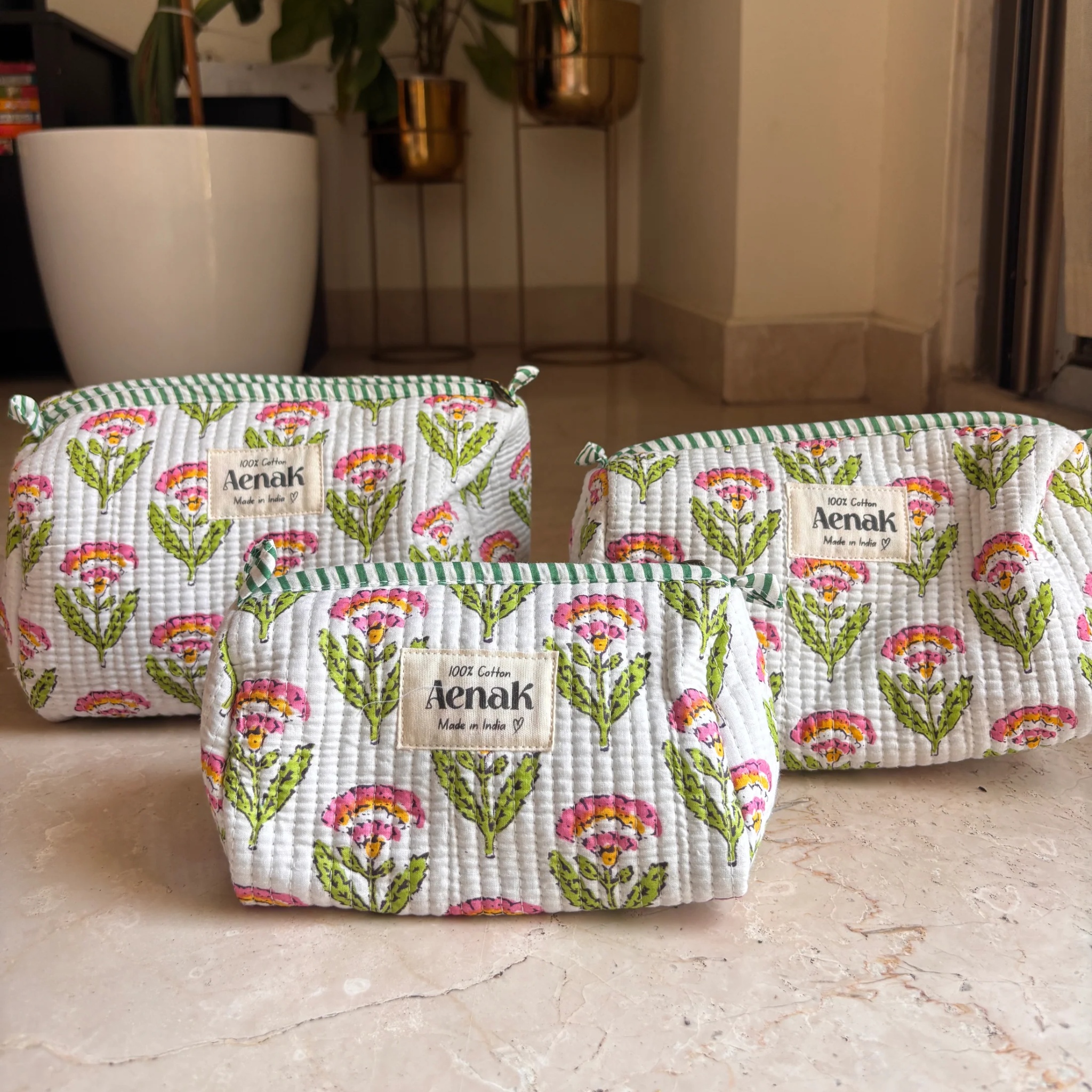 White Floral Garden Quilted Vanity Pouches-Set of 3 by Aenak Studios | Tooffi