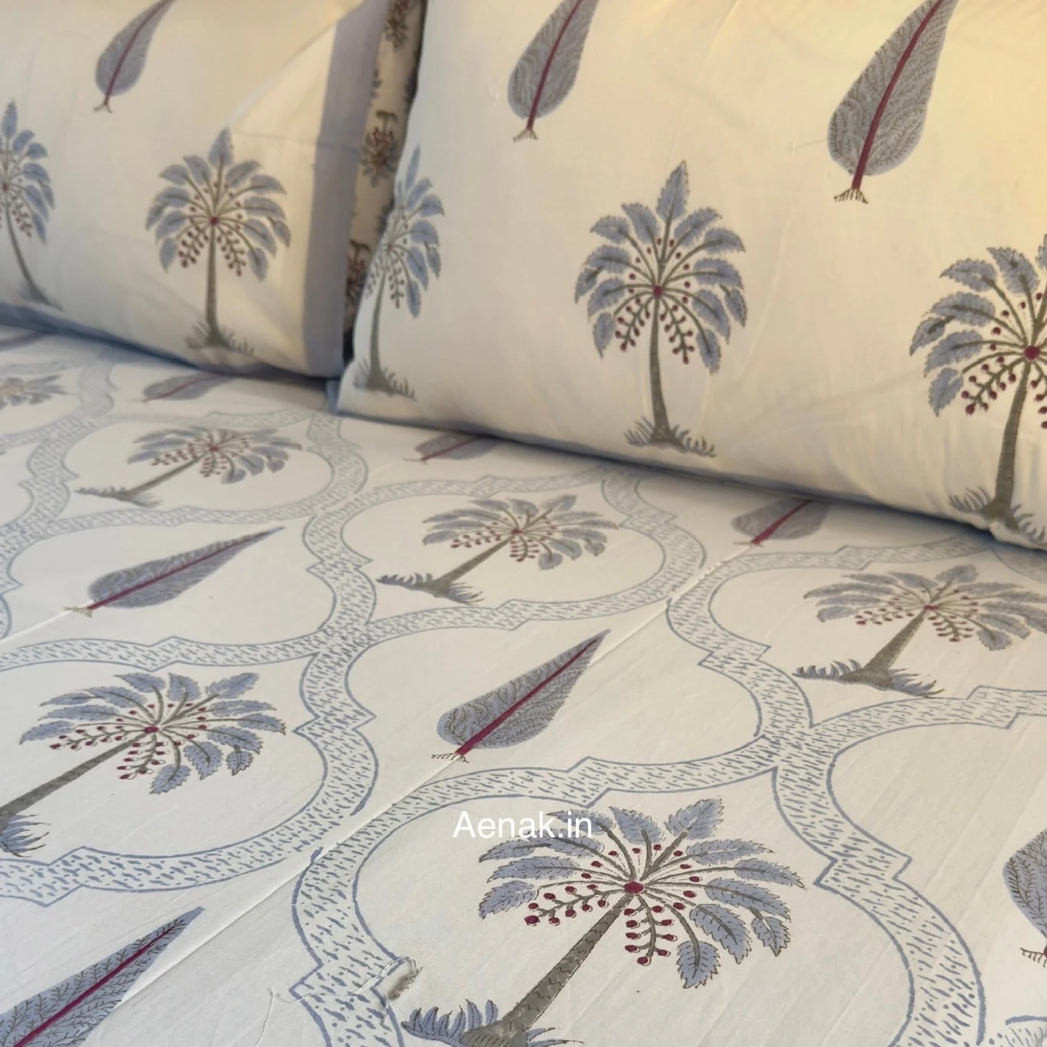 Blue Palm Jaal Handblock Premium Cotton Bedsheet Set by Aenak Studios | Tooffi