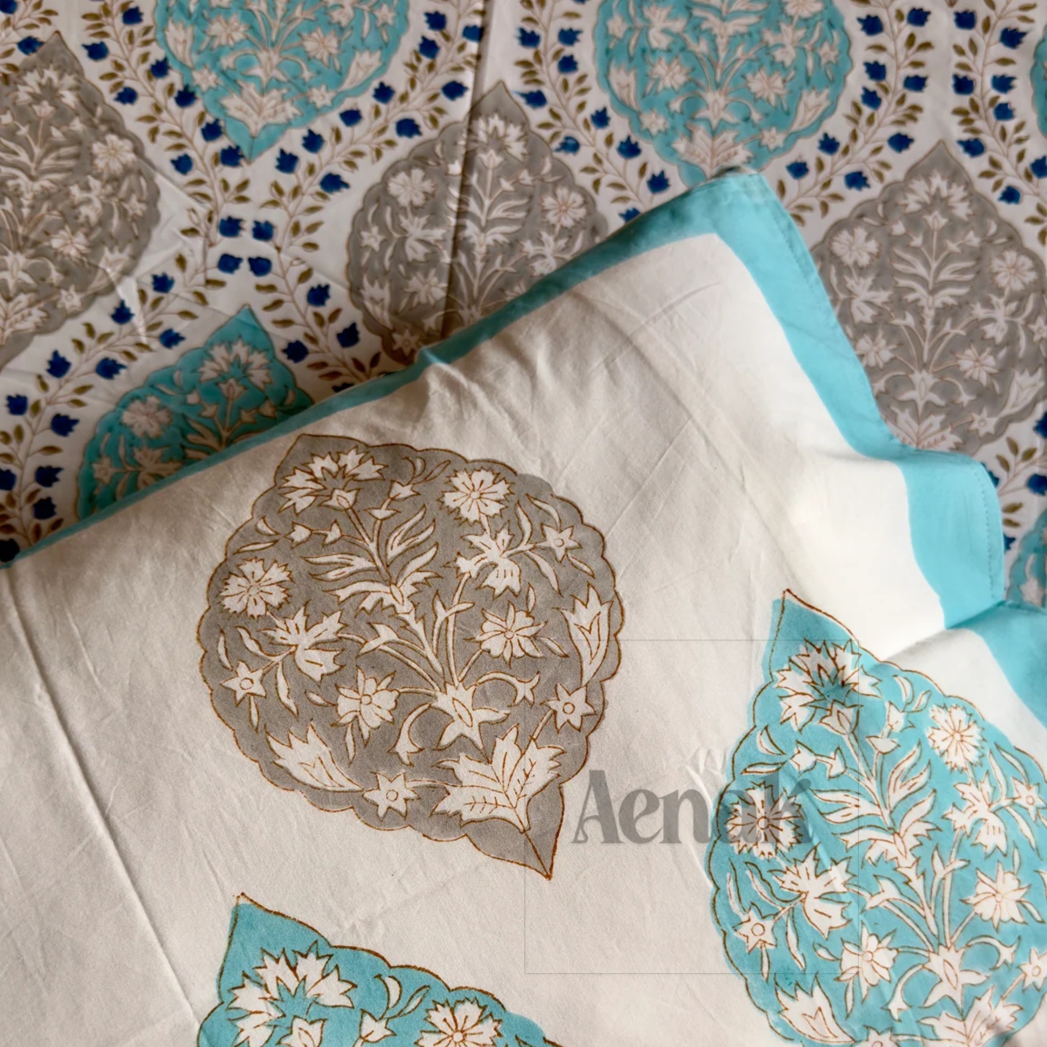 Blue Jaal Handblock Bedsheet and Quilted Bedcover Combo Set — Turquoise Blue and Grey by Aenak Studios | Tooffi