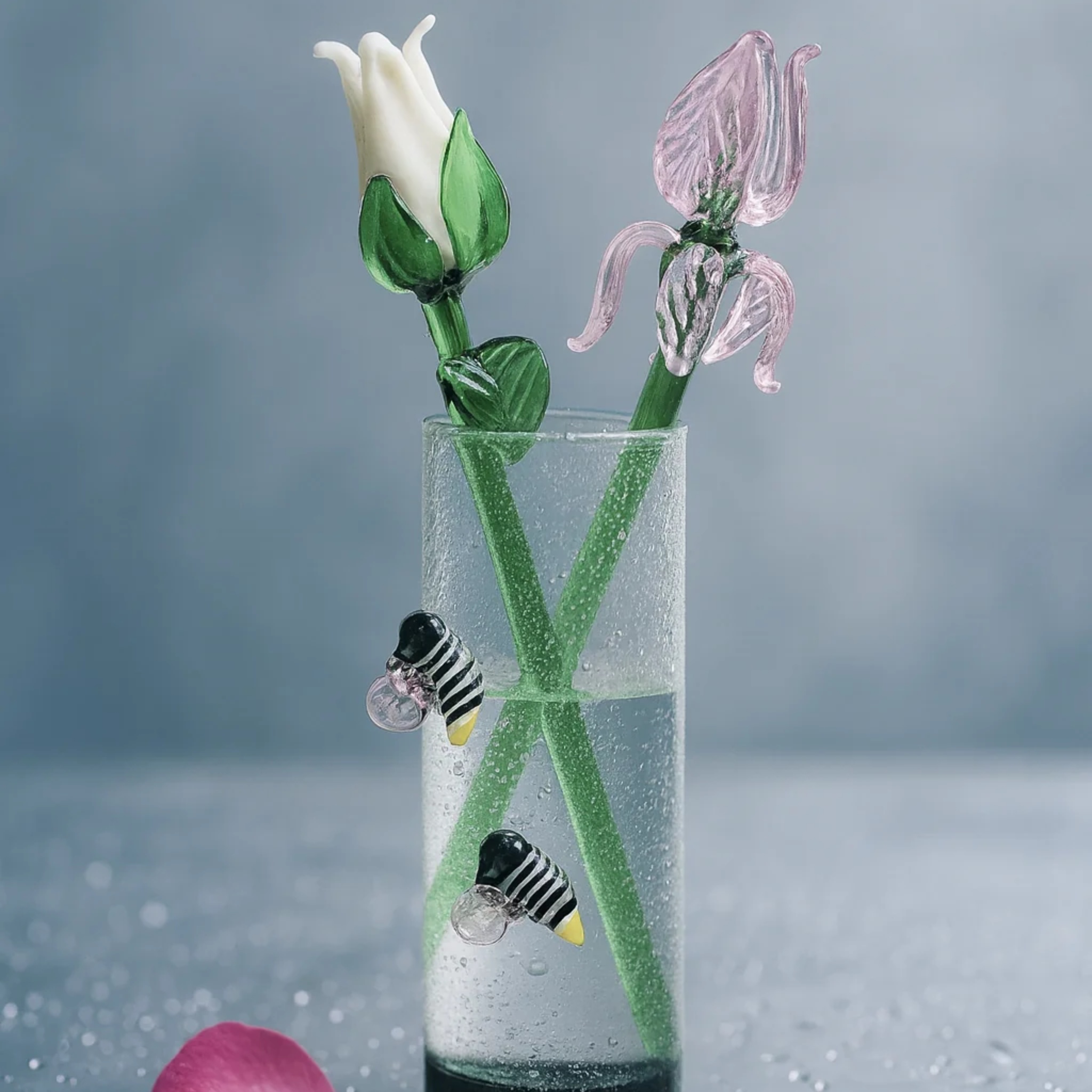 Handblown Glass Art Floral Bouquet with 3 flowers & Vase by RUSTIC HORSE GLASS STUDIO | Tooffi
