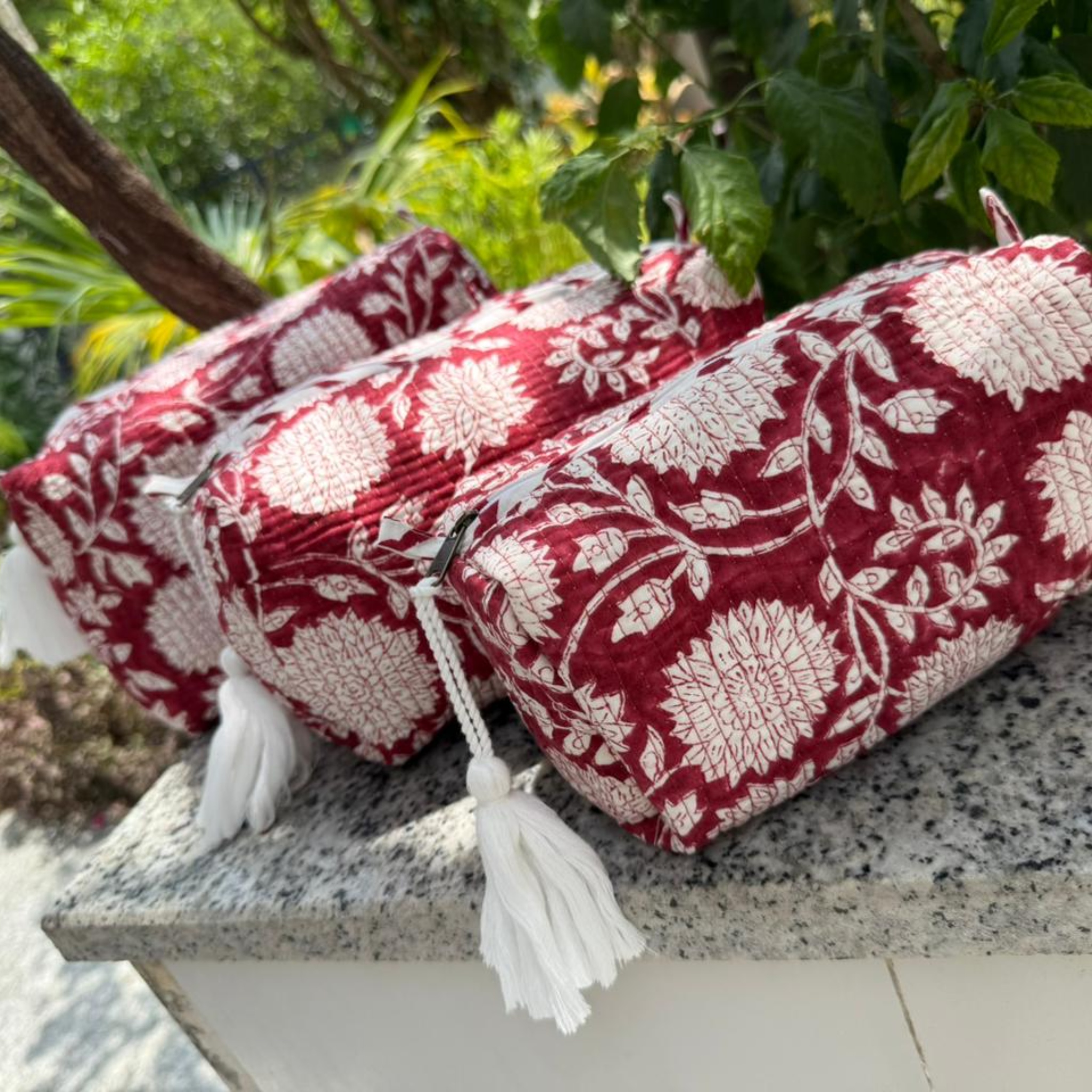 Red Floral Quilted Vanity Pouches-Set of 3 by Aenak Studios | Tooffi