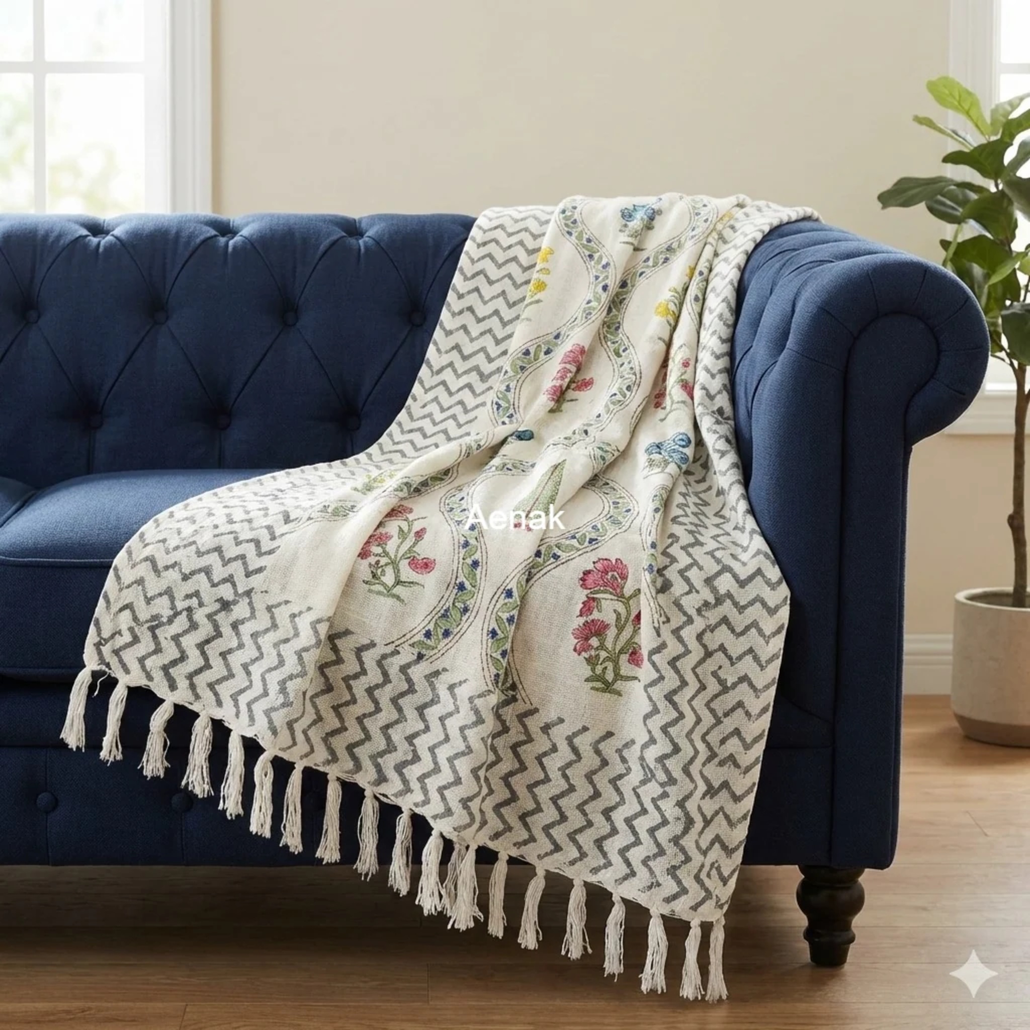 Handblock Jute Cotton Dhurrie — Blue, Pink and Yellow by Aenak Studios | Tooffi