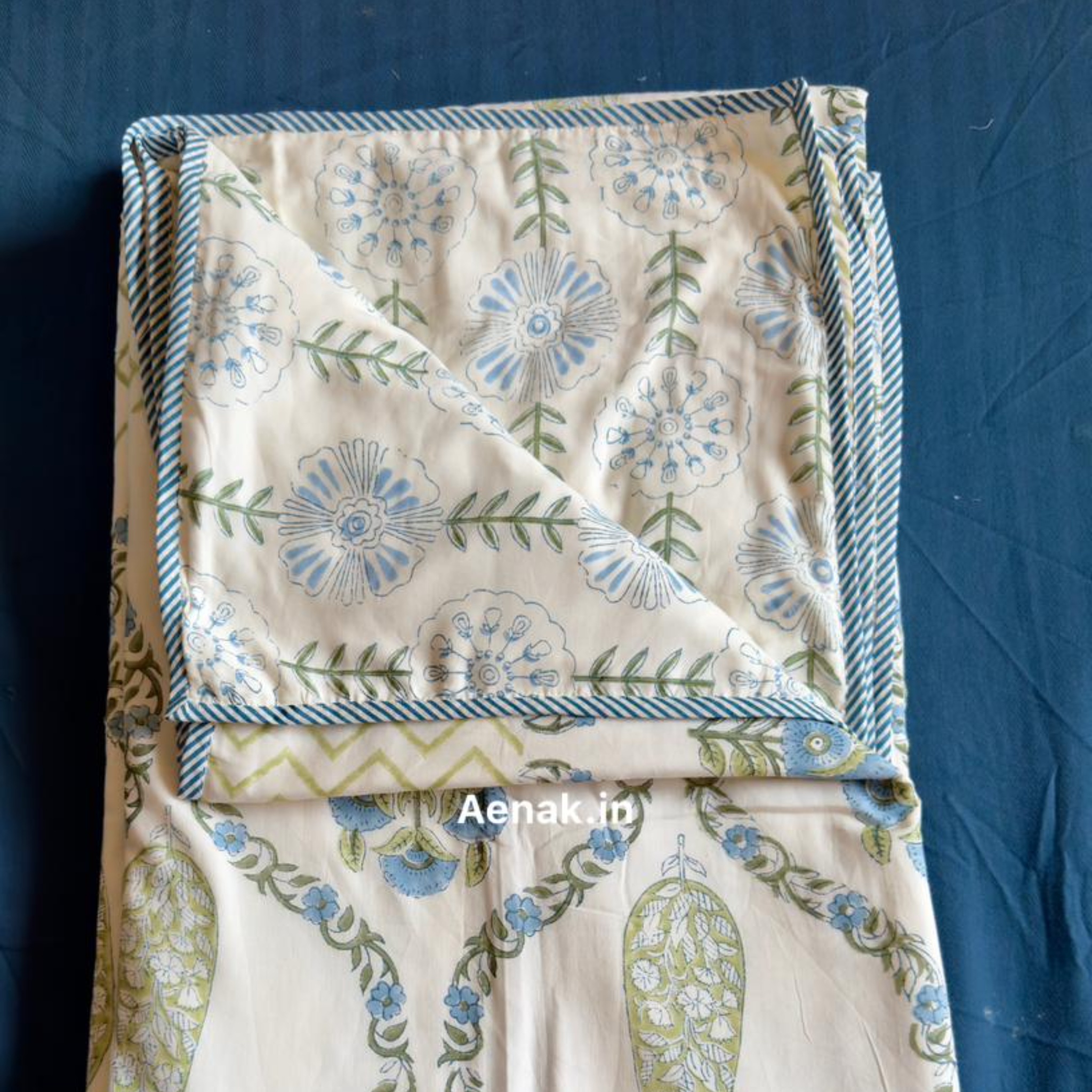 Blue Jaipuri Jaal Handblock Mulmul Cotton Reversible Dohar by Aenak Studios | Tooffi