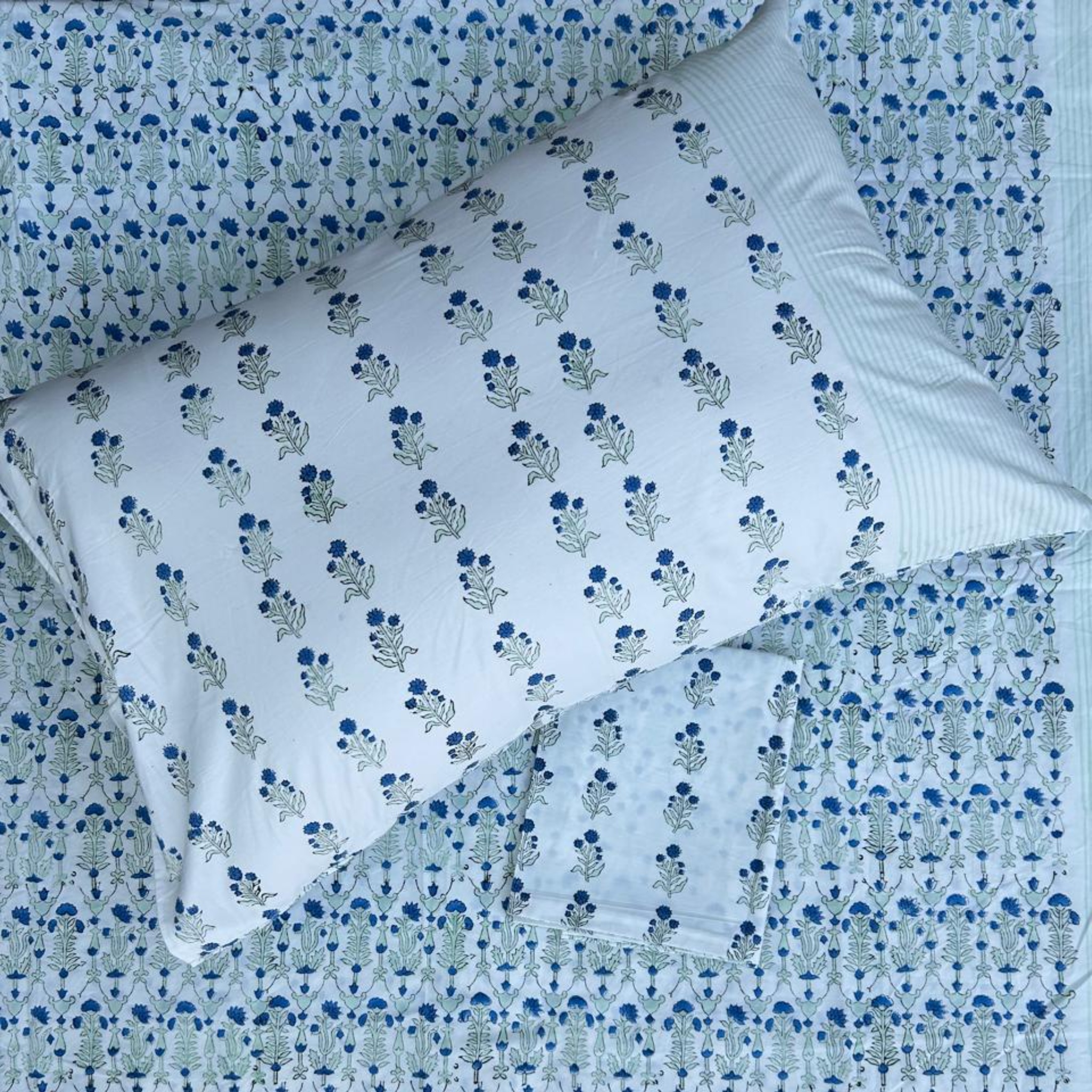 Bluebell Garden Handblock Premium Cotton Bedsheet Set by Aenak Studios | Tooffi