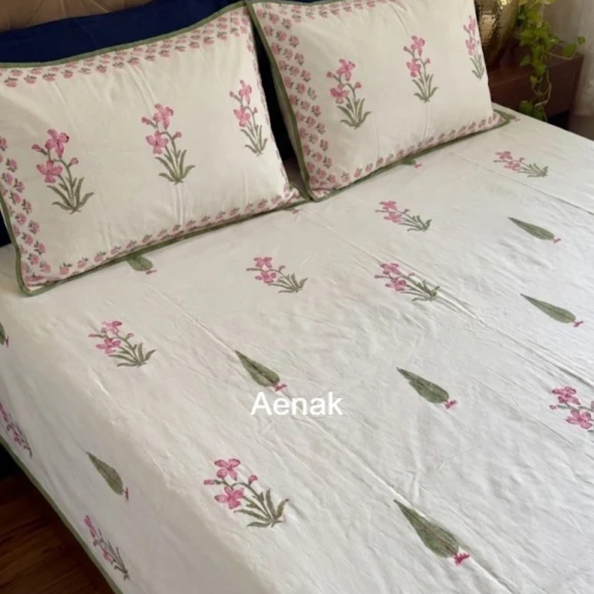 Pink Madhumati Handblock Bedsheet + Quilted Bedcover Combo Set by Aenak Studios | Tooffi