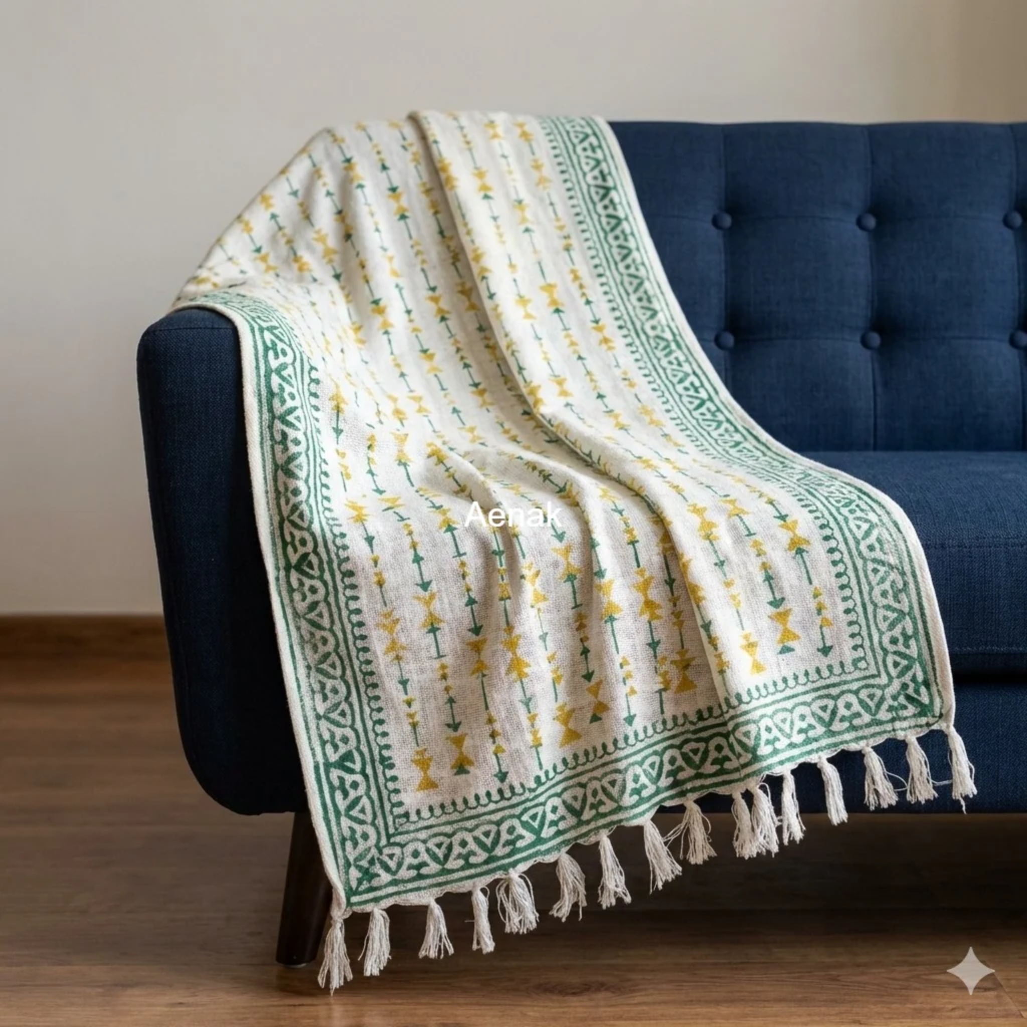 Handblock Jute Cotton Dhurrie — Yellow by Aenak Studios | Tooffi