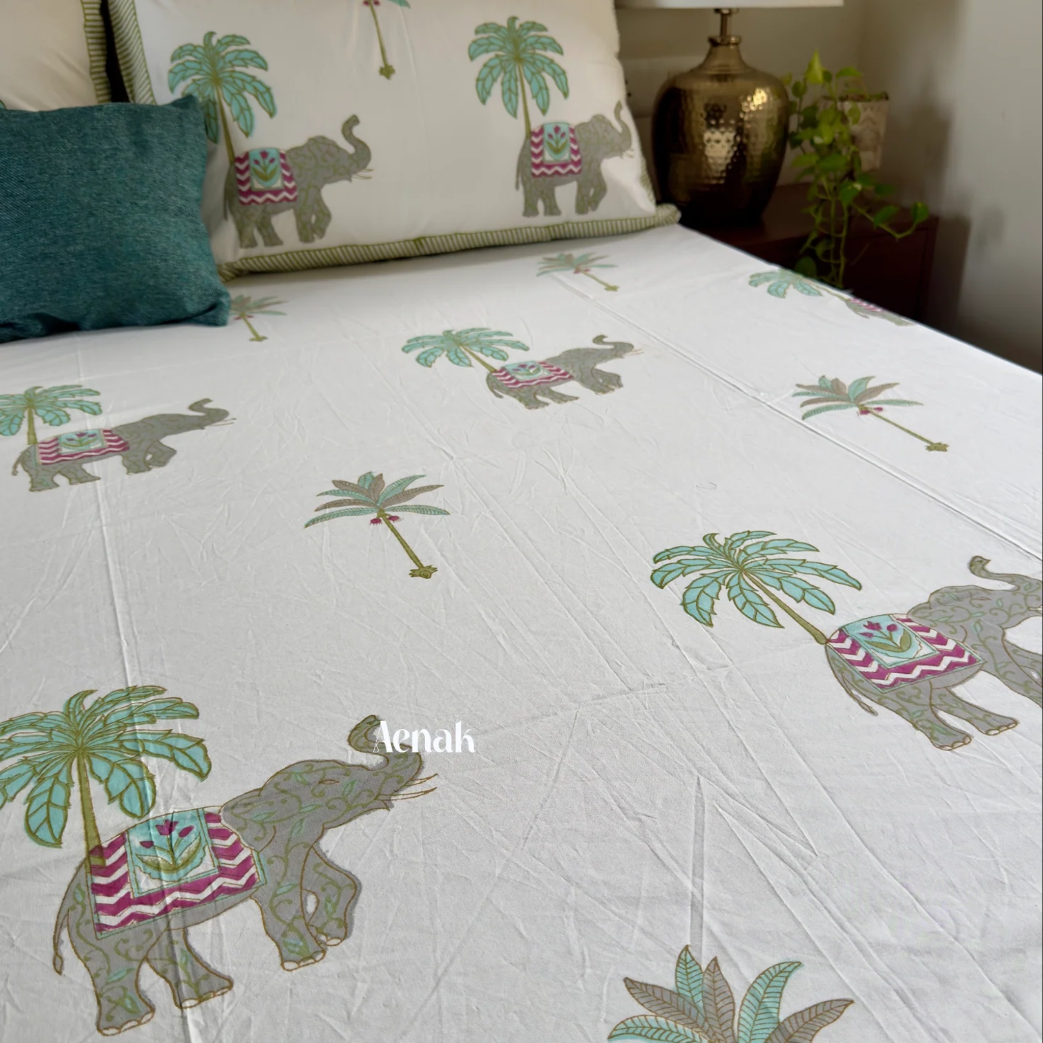 Grey Elephant Handblock Bedsheet + Quilted Bedcover Combo Set by Aenak Studios | Tooffi