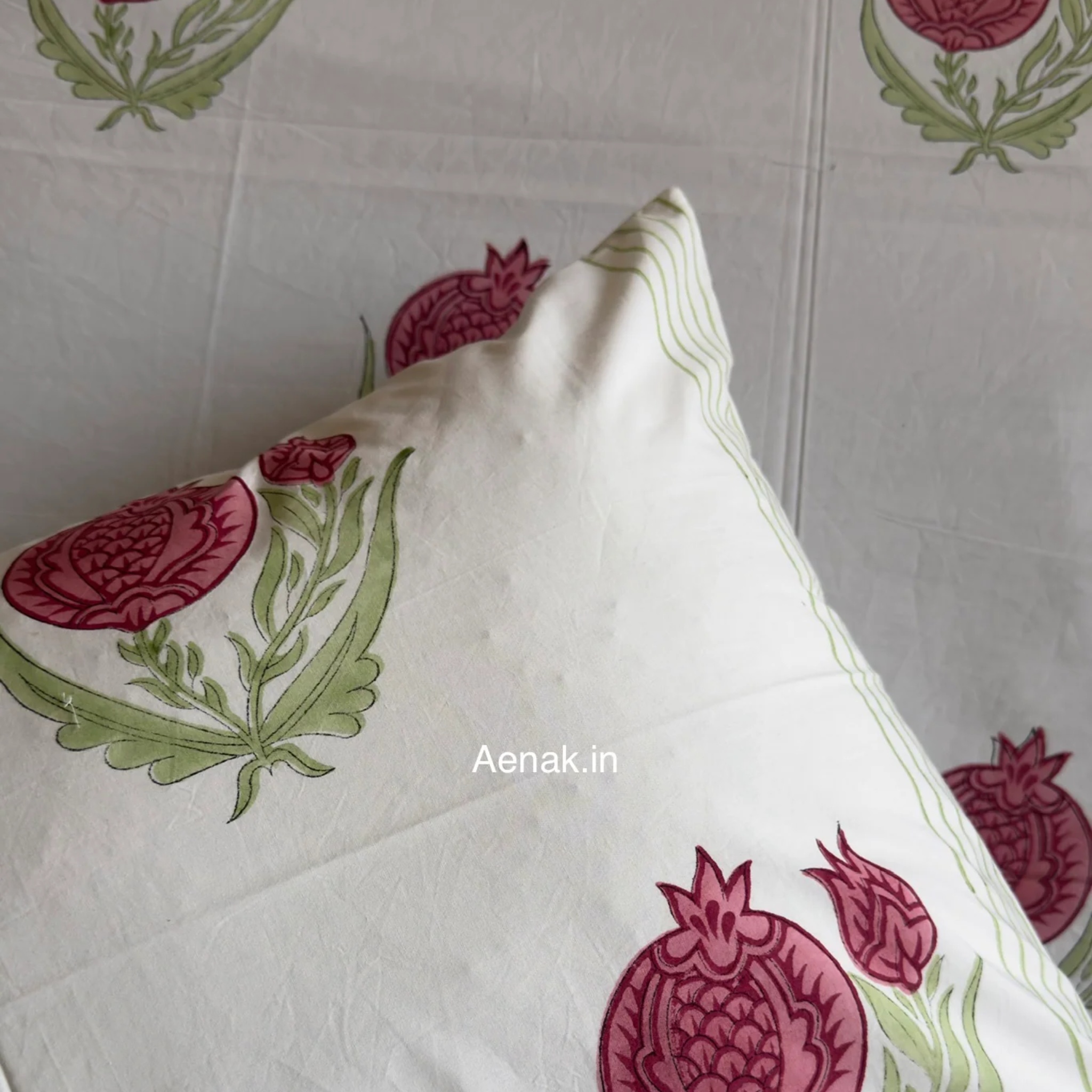 Red Anaar Baag Handblock Premium Cotton Bedsheet Set by Aenak Studios | Tooffi