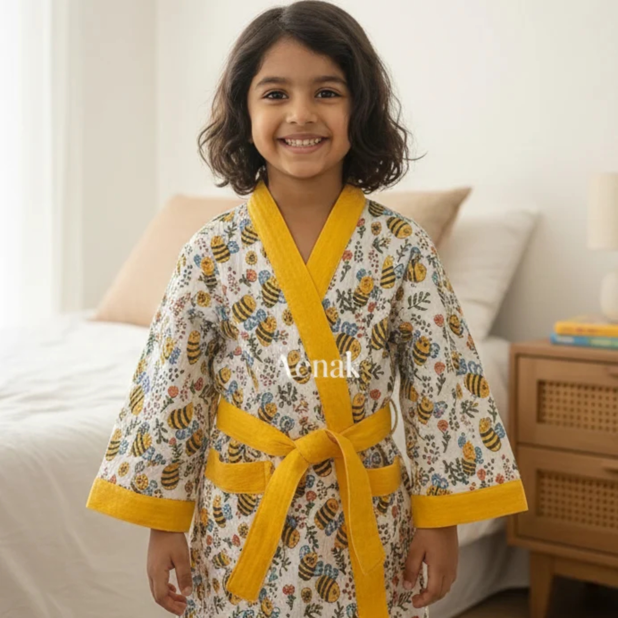 Honey Bee Handblock Cotton Bathrobe Set by Aenak Studios | Tooffi