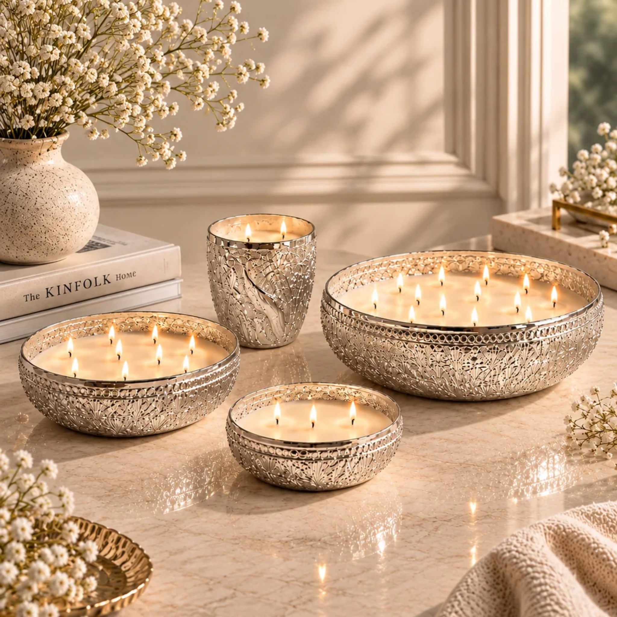 The Noor Collection- Hand Etched Silver Metal Luxury Candles Set of 4 by Endora Scented Candles | Tooffi