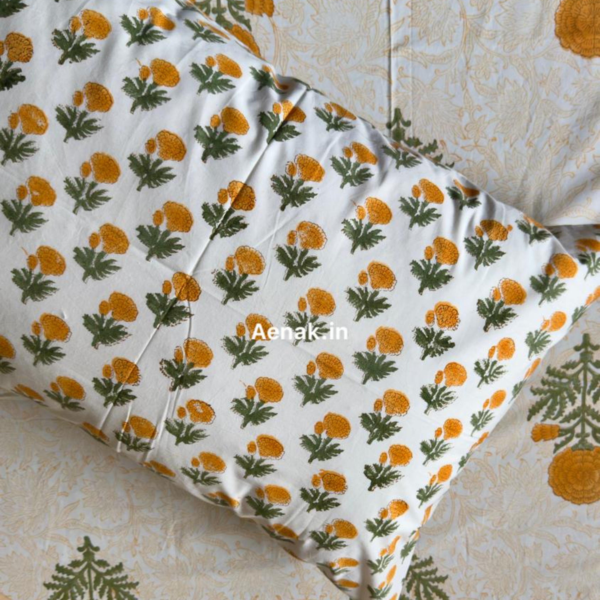 Turmeric Yellow Paani Jaal Handblock Premium Cotton Bedsheet Set by Aenak Studios | Tooffi