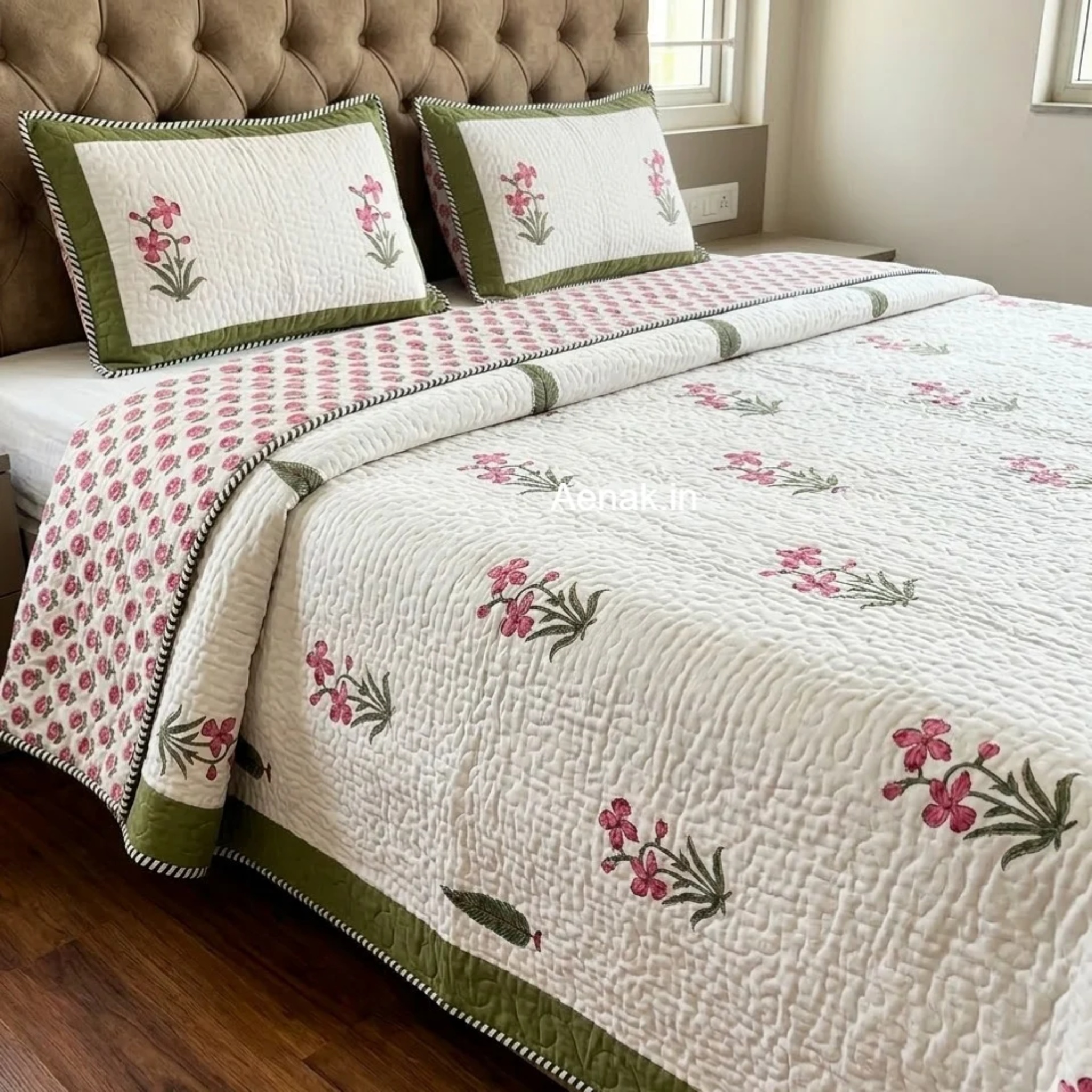 Pink Madhumati Handblock Bedsheet + Quilted Bedcover Combo Set by Aenak Studios | Tooffi