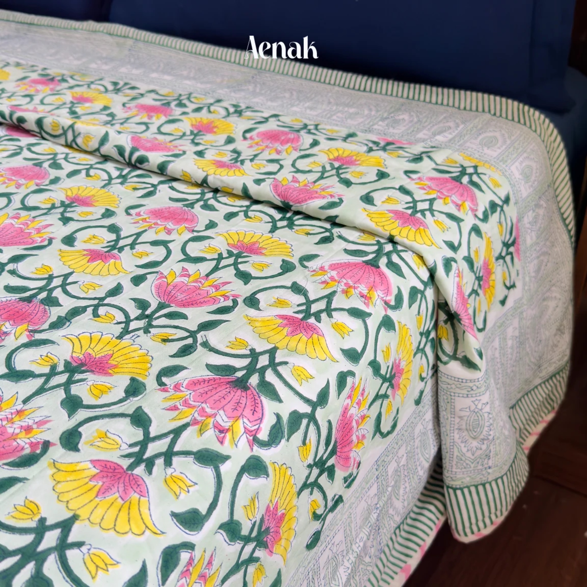 Pink & Yellow Lotus Handblock Mulmul Cotton Reversible Dohar by Aenak Studios | Tooffi