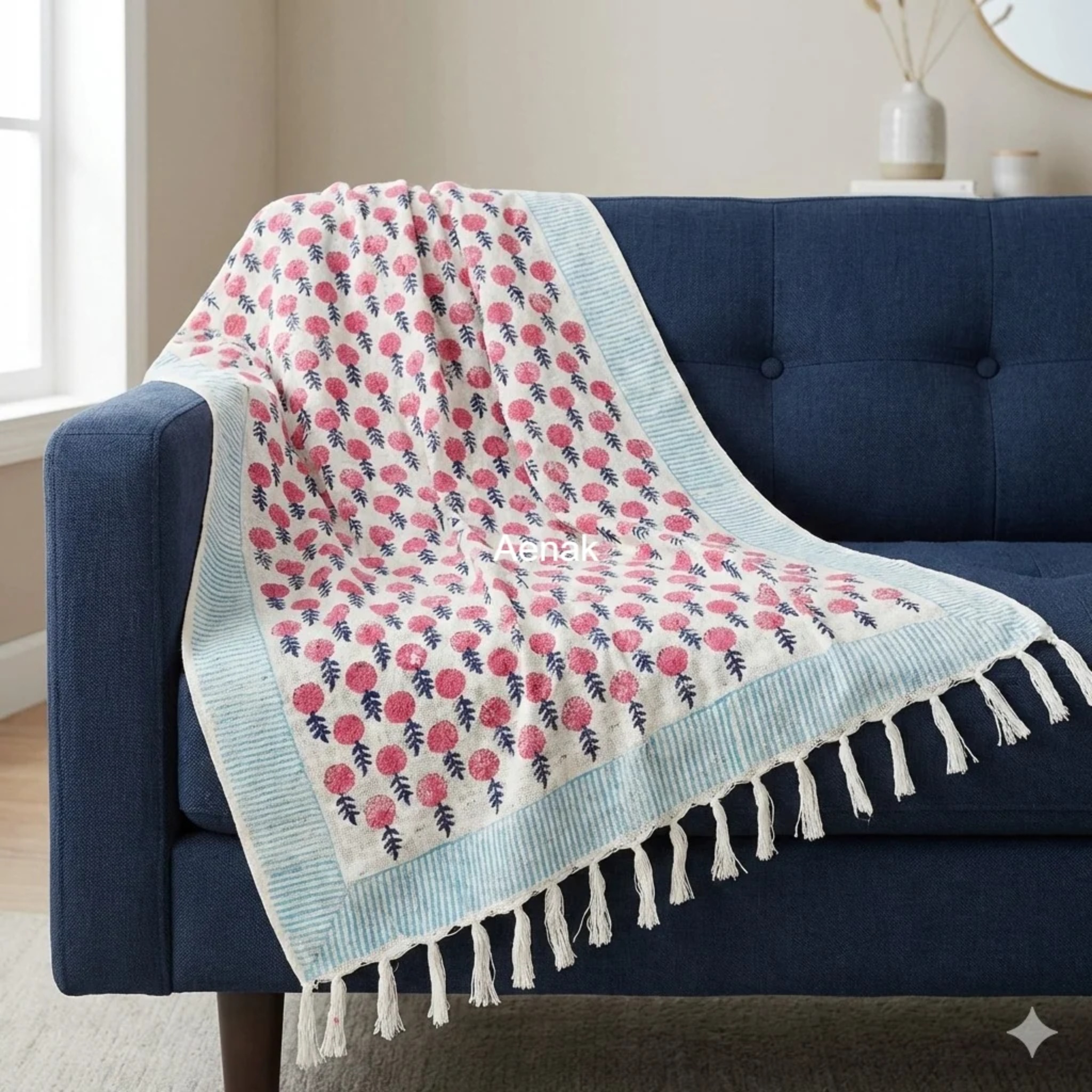 Handblock Jute Cotton Dhurrie — Pink by Aenak Studios | Tooffi