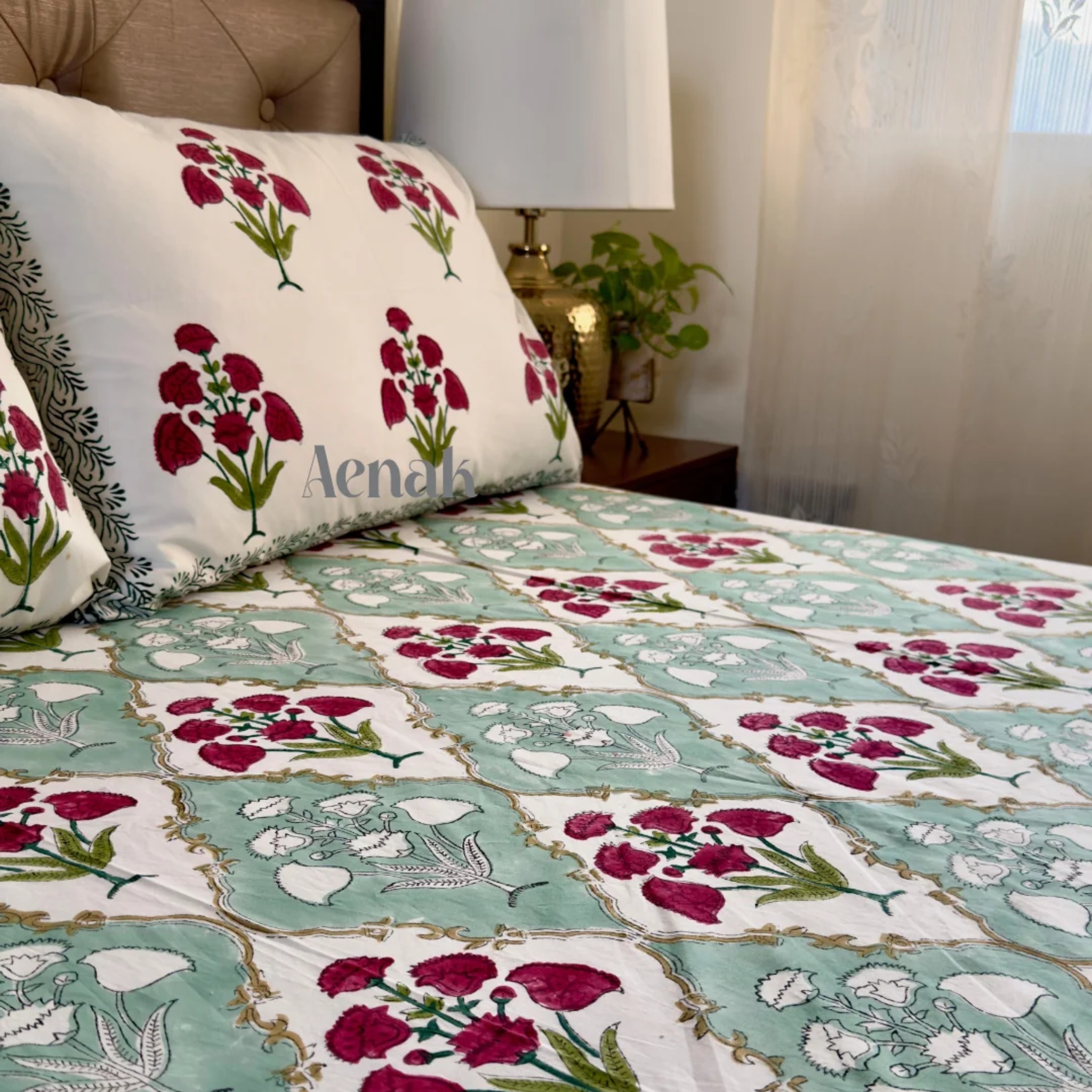 Green & Red Dahlia Handblock Premium Cotton Bedsheet Set by Aenak Studios | Tooffi