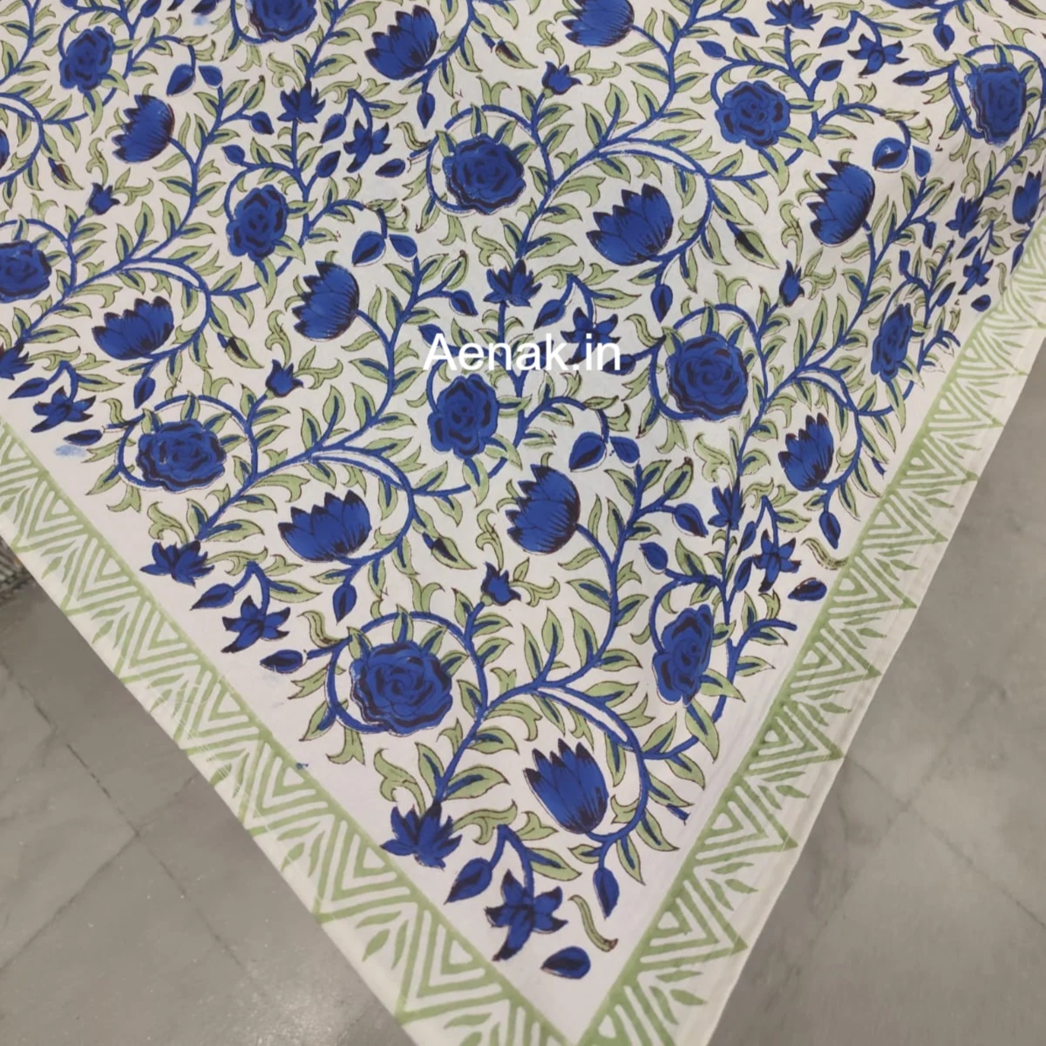 Blue Rose Handblock Table Cover by Aenak Studios | Tooffi
