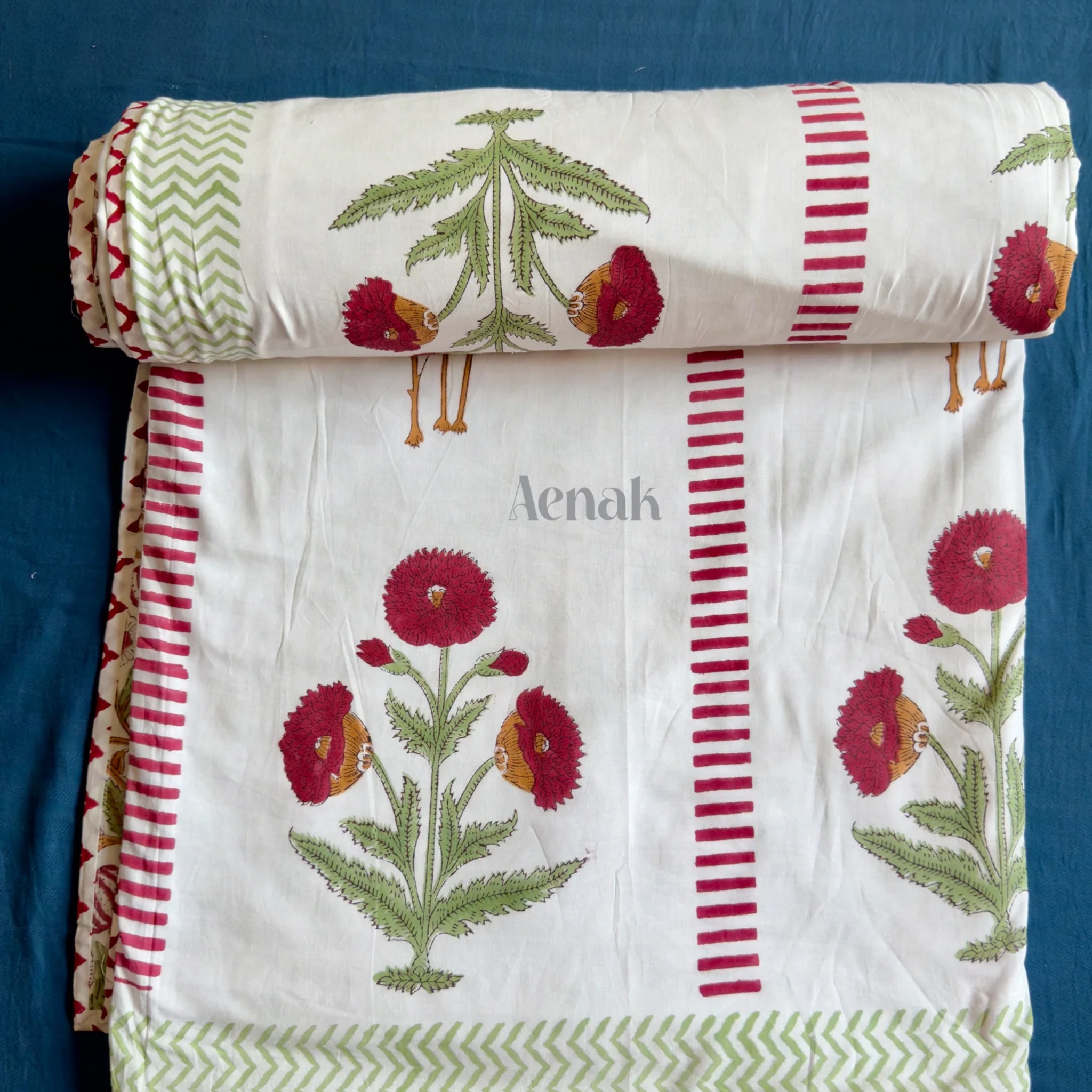 Red Dahlia Handblock Mulmul Cotton Reversible Dohar by Aenak Studios | Tooffi