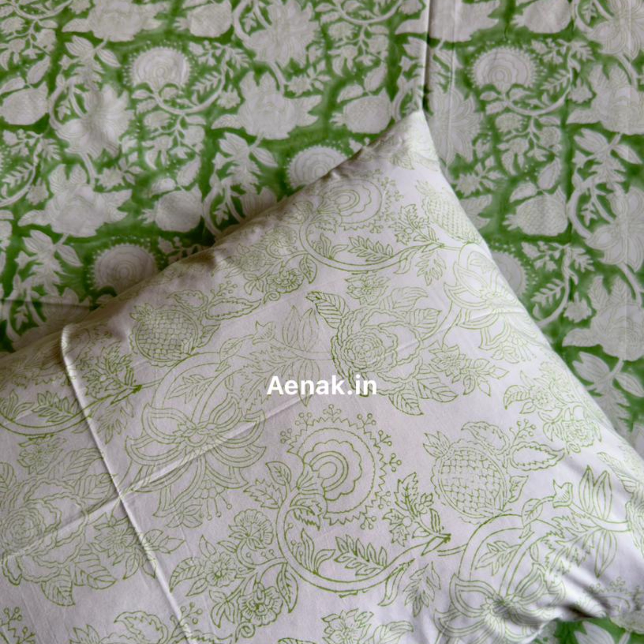 Green Garden Handblock Bedsheet + Quilted Bedcover Combo Set by Aenak Studios | Tooffi