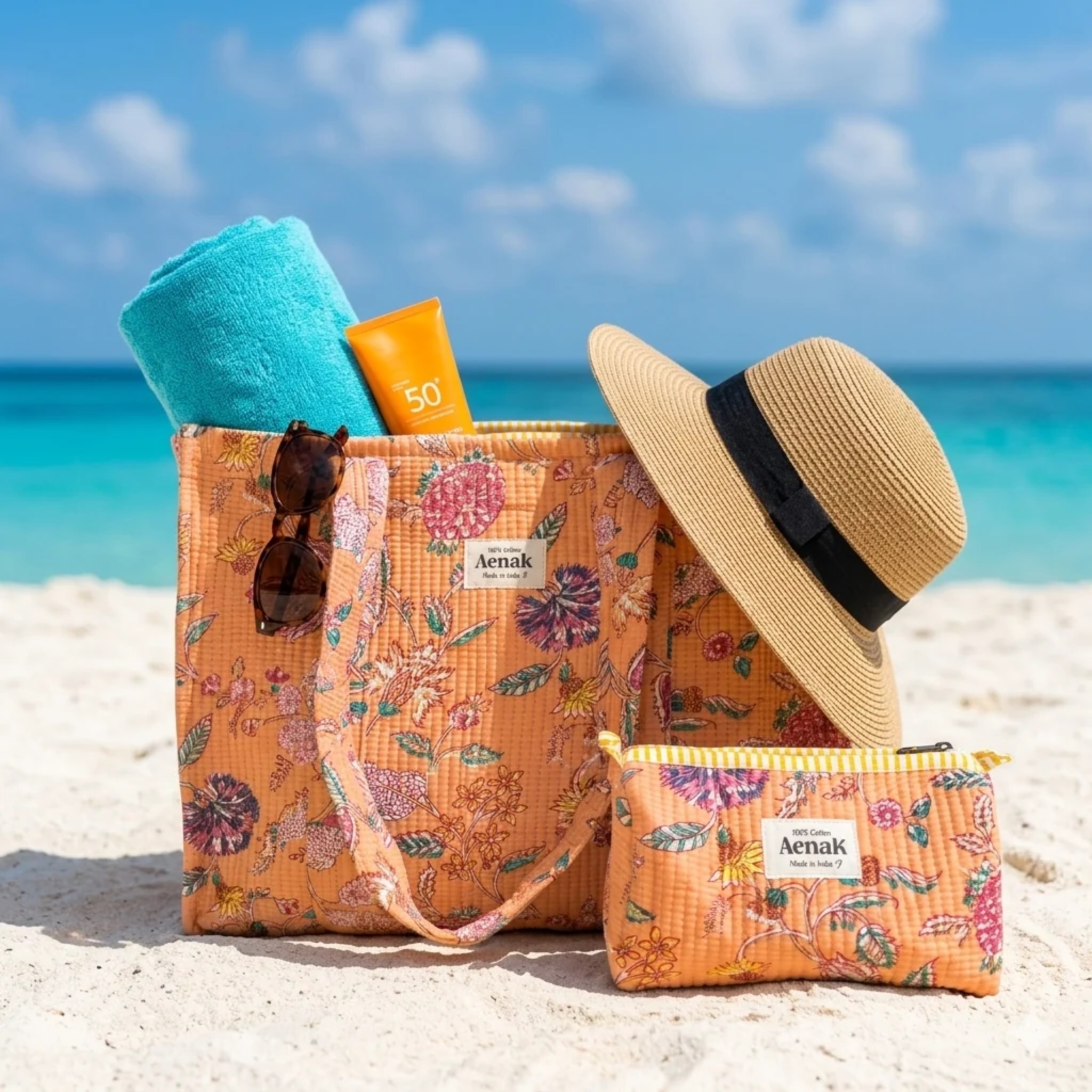 Orange Floral Garden Quilted Cotton Travel Bag + Vanity Pouch by Aenak Studios | Tooffi