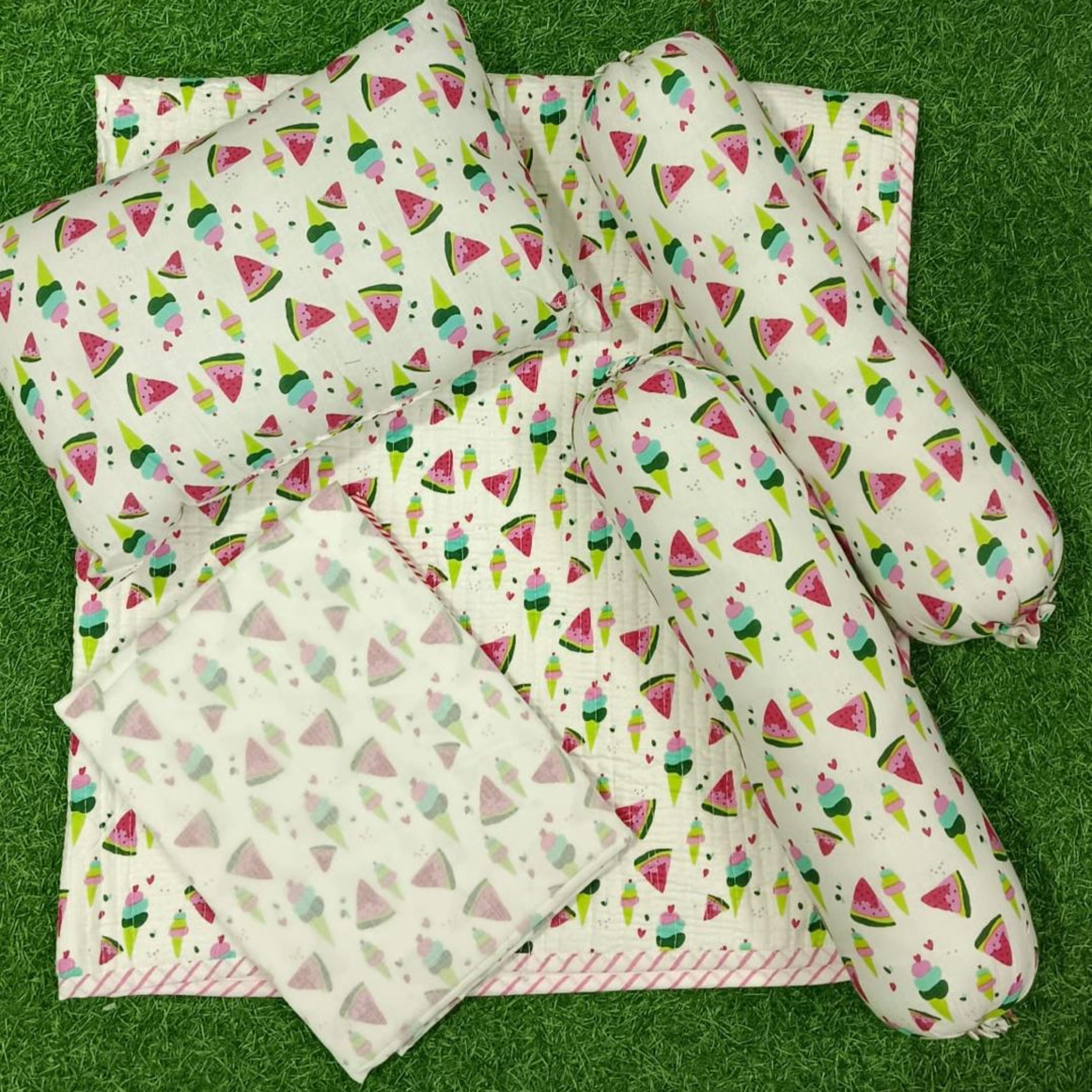 Pink Watermelon Handblock Newborn Baby Kit Set by Aenak Studios | Tooffi