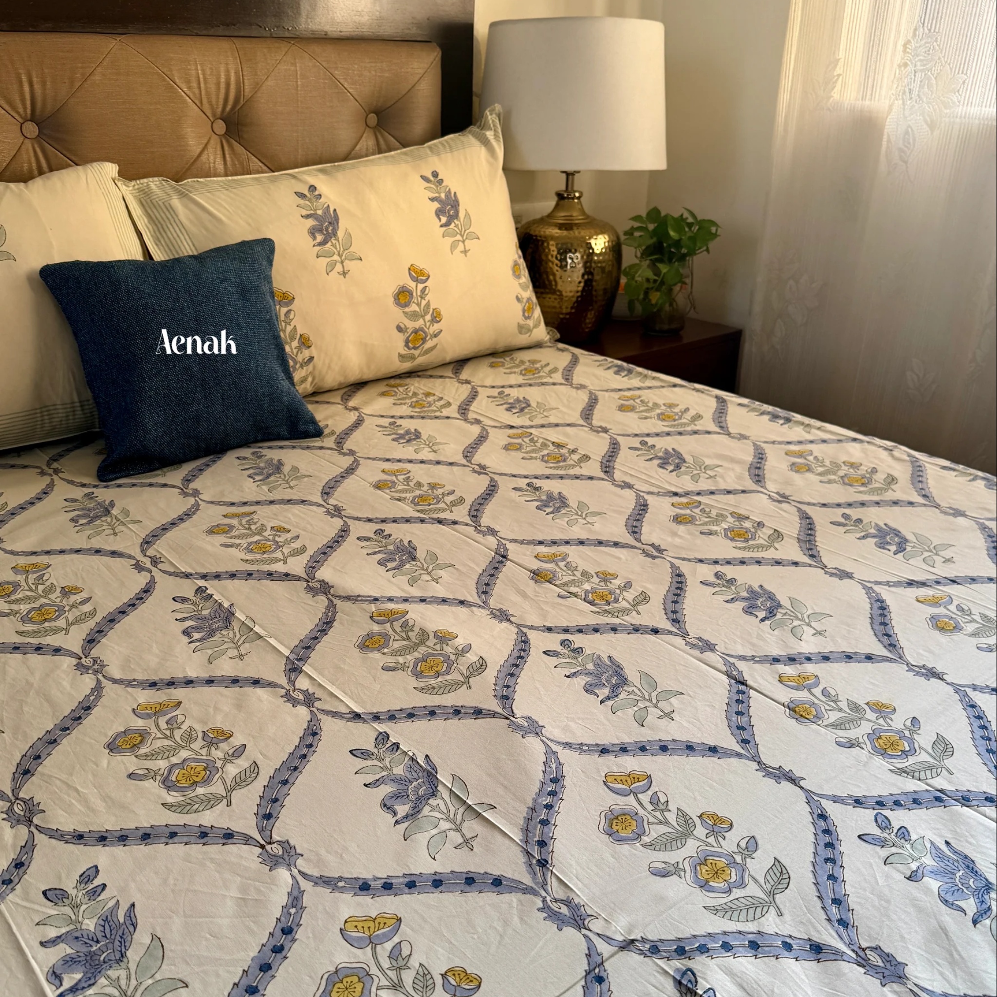 Blue Periwinkle Handblock Bedsheet + Dohar Combo Set (Beige Base) by Aenak Studios | Tooffi