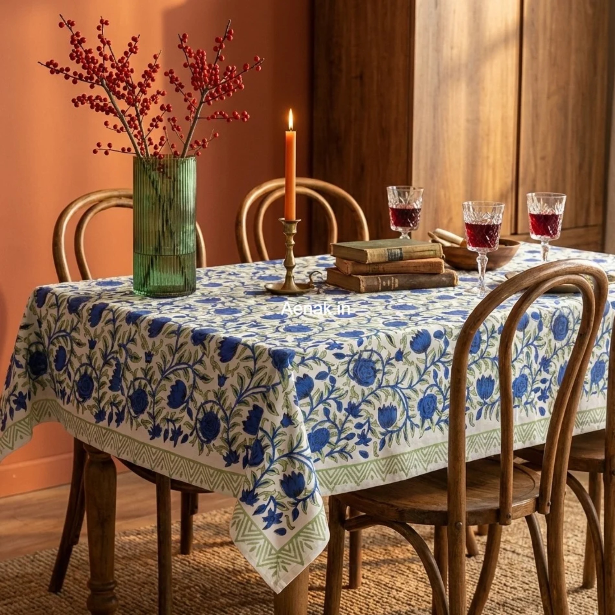 Blue Rose Handblock Table Cover by Aenak Studios | Tooffi
