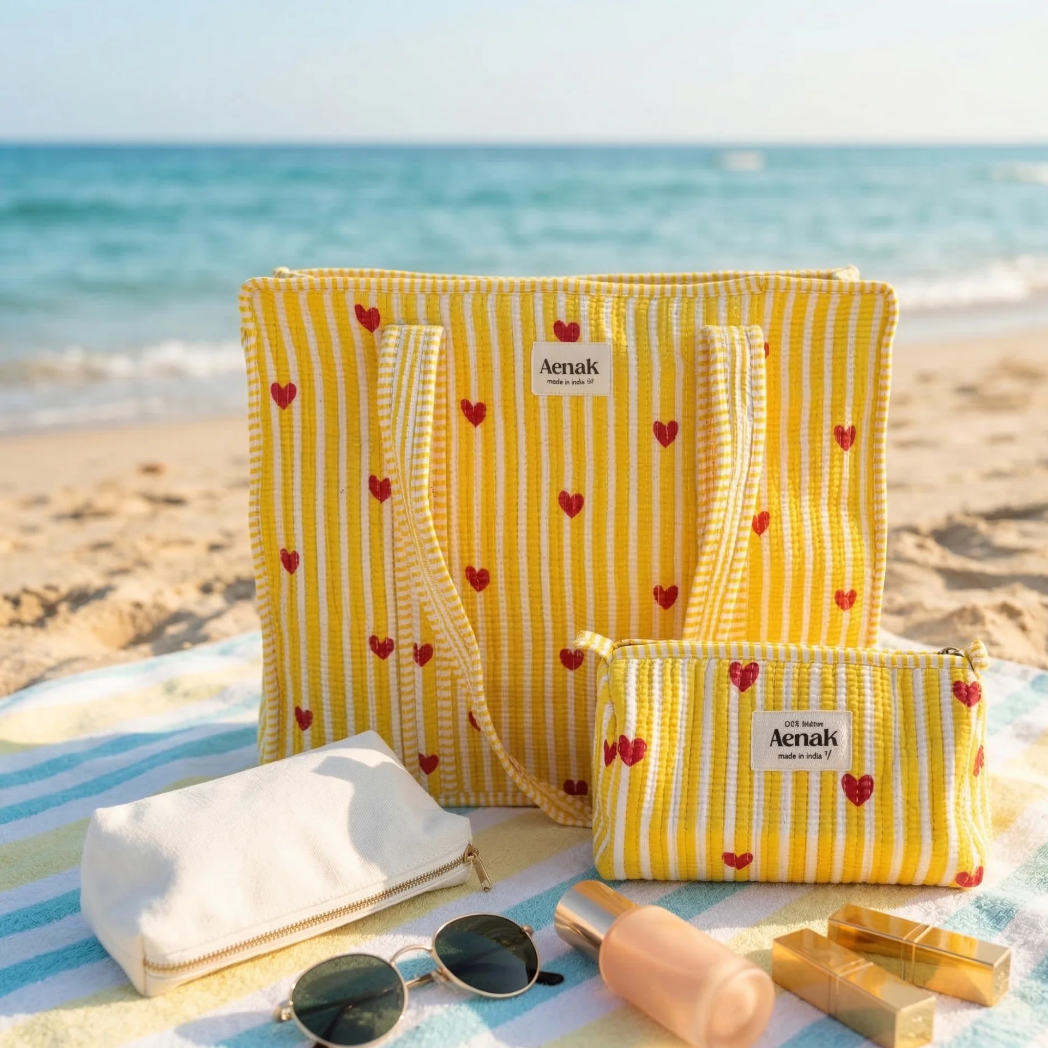 Yellow Little Heart Quilted Cotton Travel Bag + Vanity Pouch by Aenak Studios | Tooffi