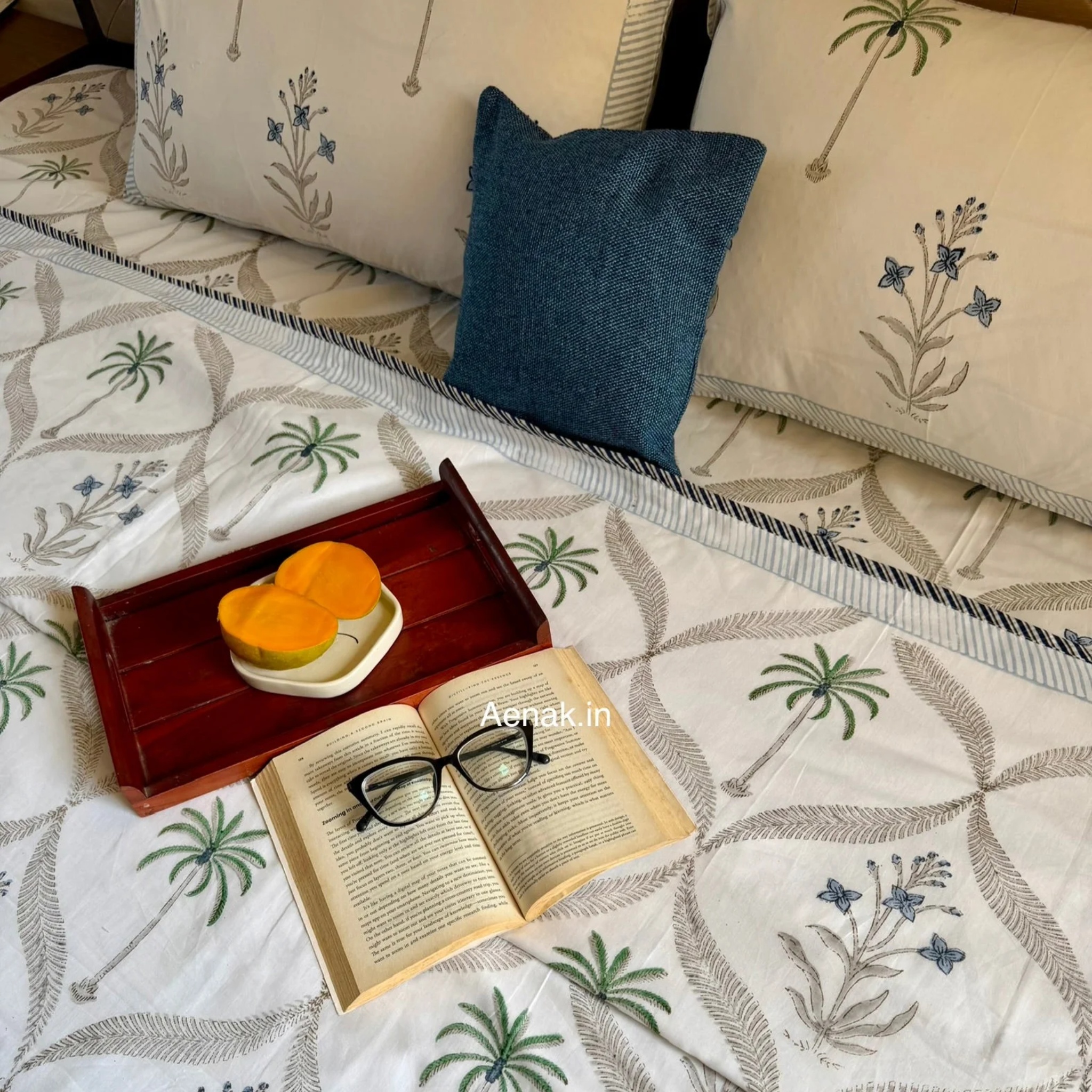 Blue Floral Palm Jaal Handblock Mulmul Cotton Reversible Dohar by Aenak Studios | Tooffi
