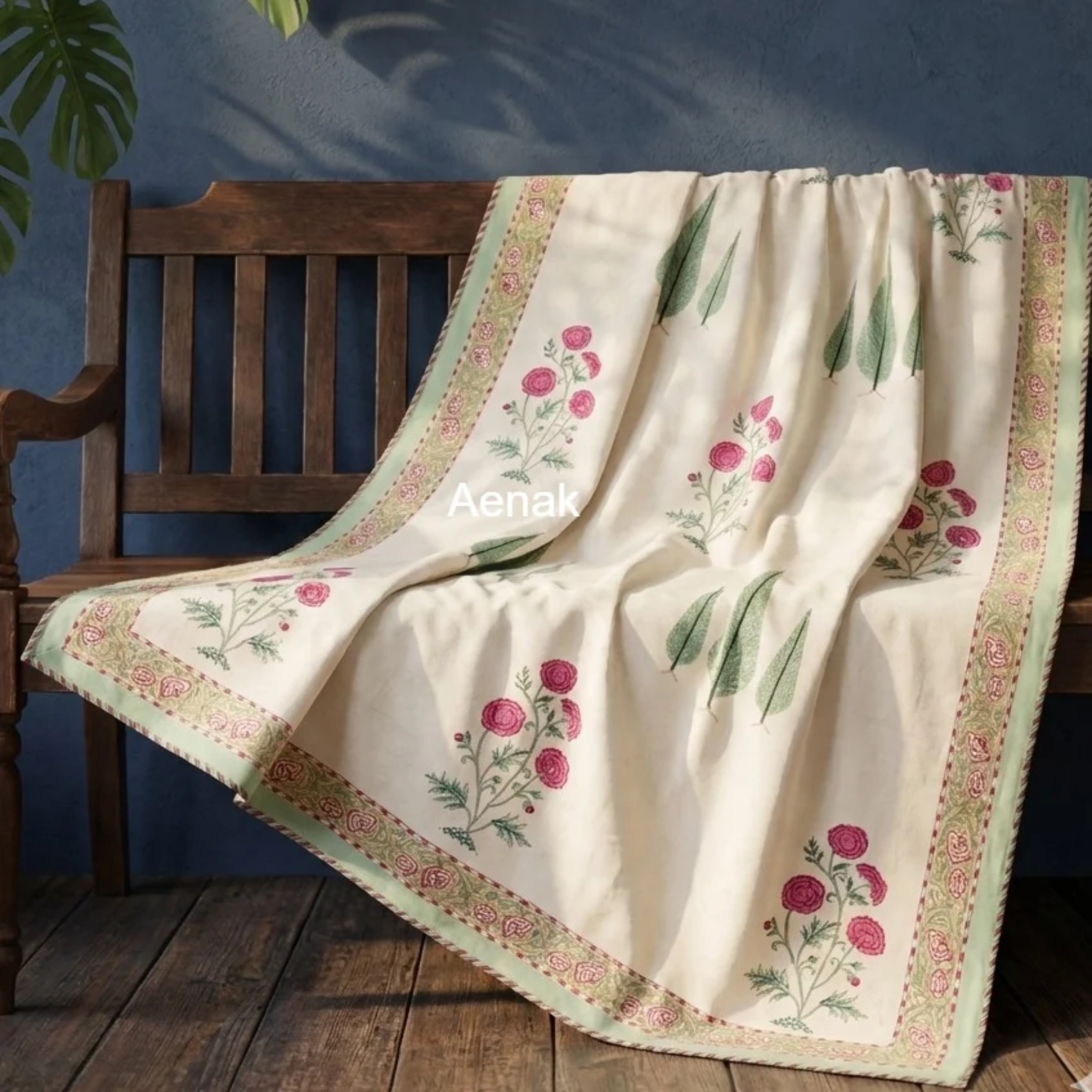 Magenta Floral Garden Handblock Mulmul Cotton Reversible Dohar (Ivory Base) by Aenak Studios | Tooffi