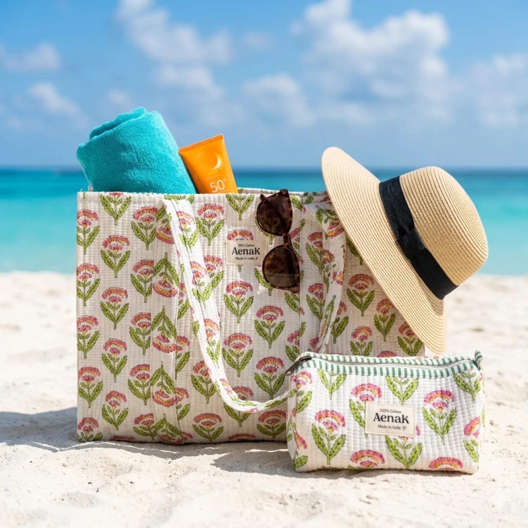 White Floral Garden Quilted Cotton Travel Bag + Vanity Pouch by Aenak Studios | Tooffi