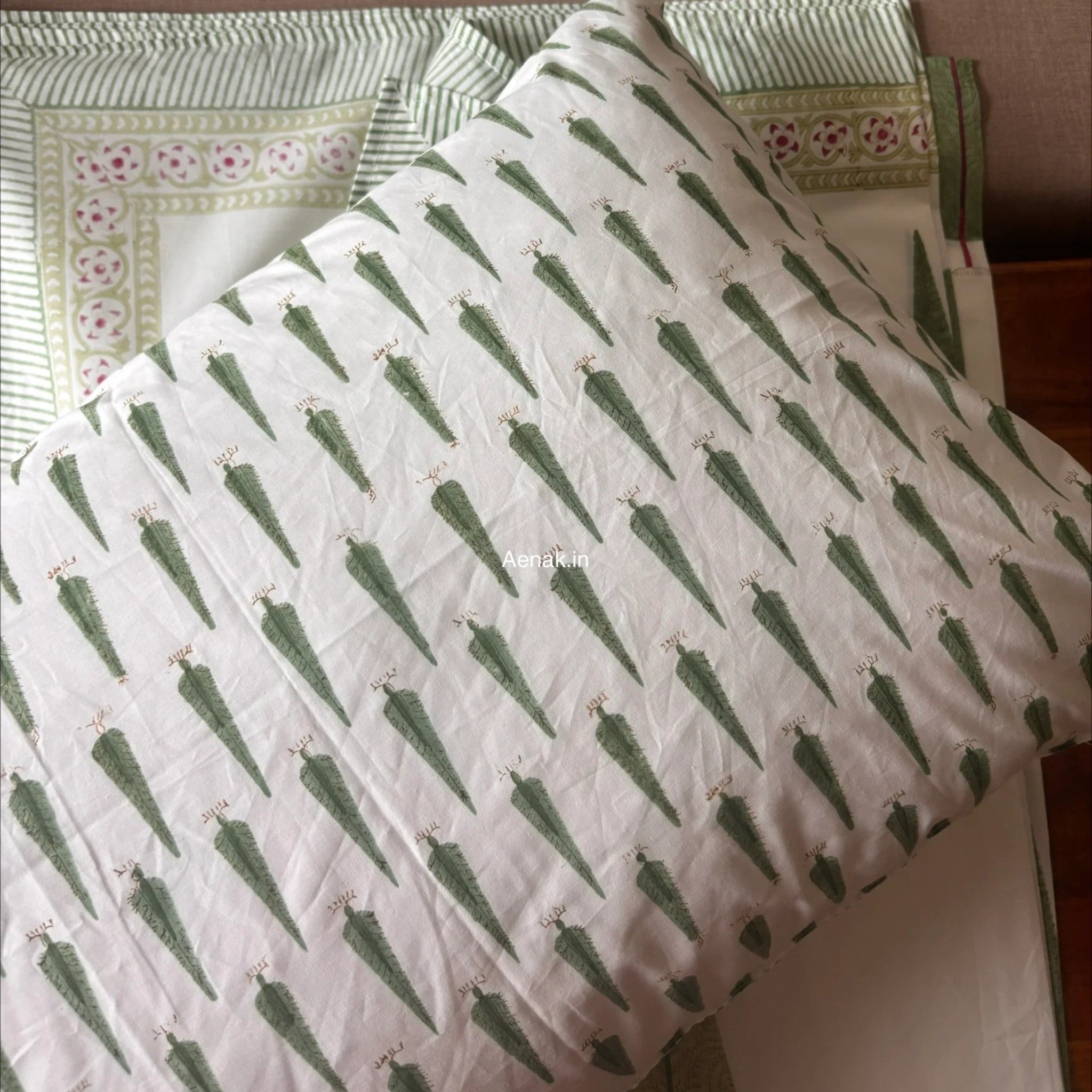 Green Cypress Handblock Premium Cotton Bedsheet Set by Aenak Studios | Tooffi