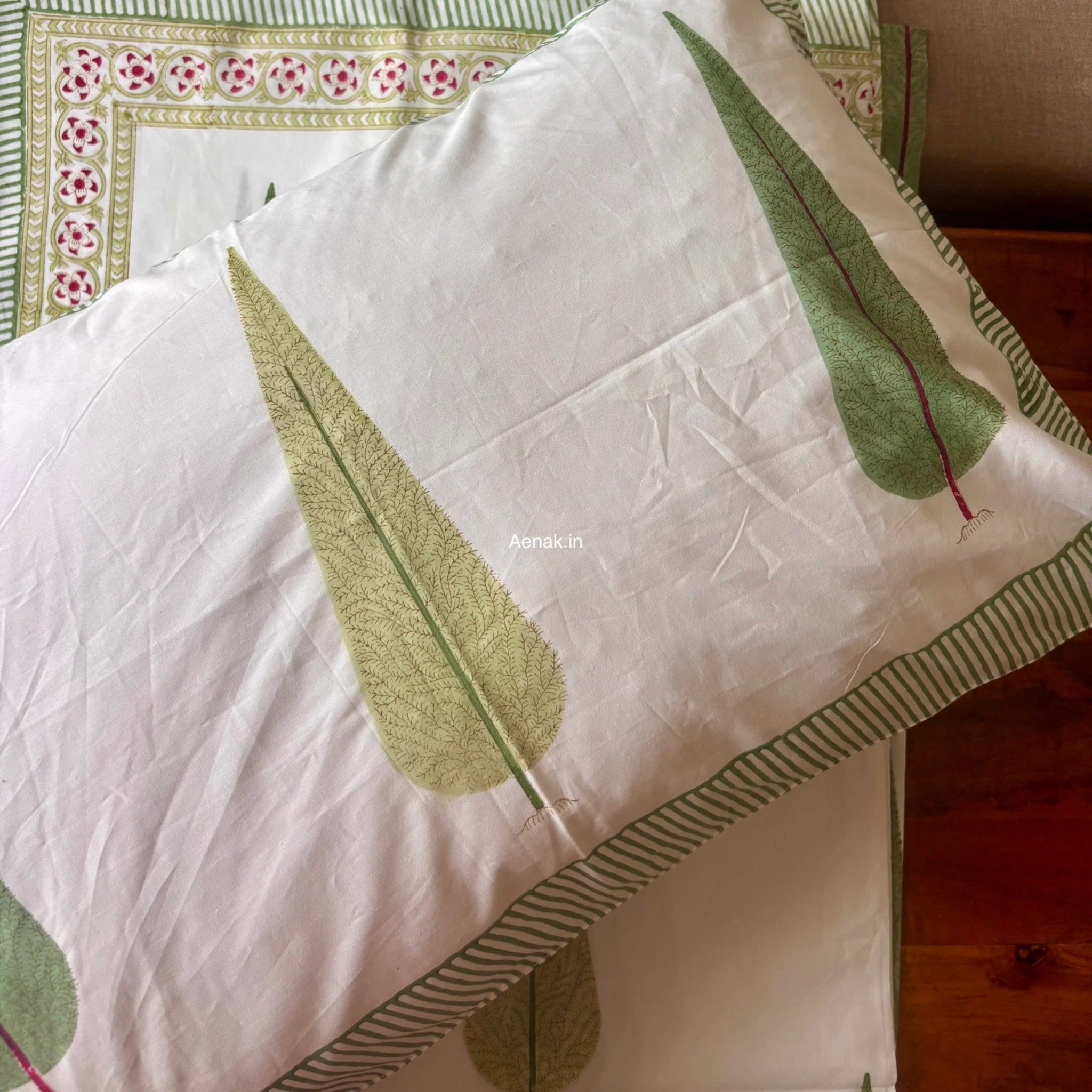 Green Cypress Handblock Premium Cotton Bedsheet Set by Aenak Studios | Tooffi