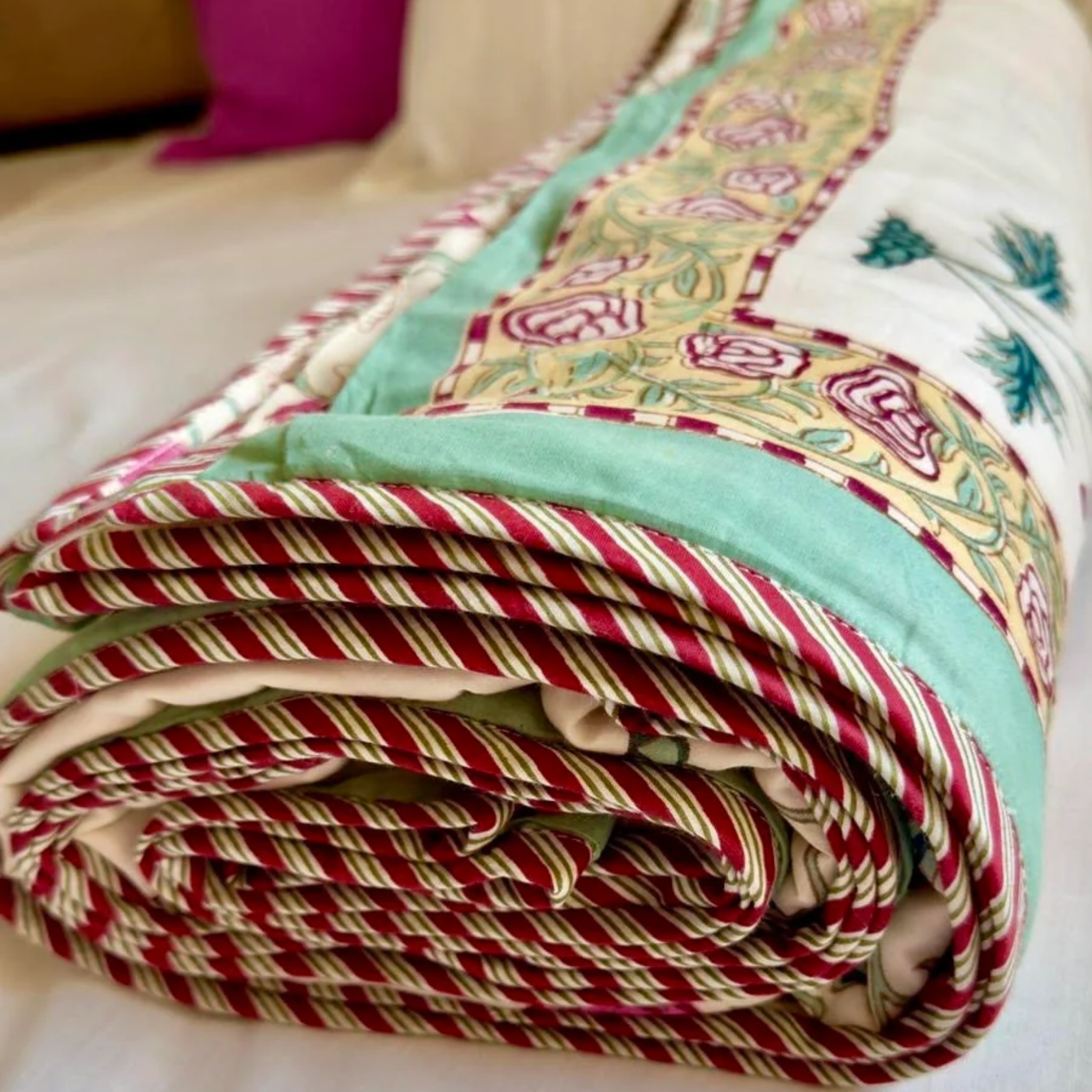 Magenta Floral Garden Handblock Mulmul Cotton Reversible Dohar (Ivory Base) by Aenak Studios | Tooffi