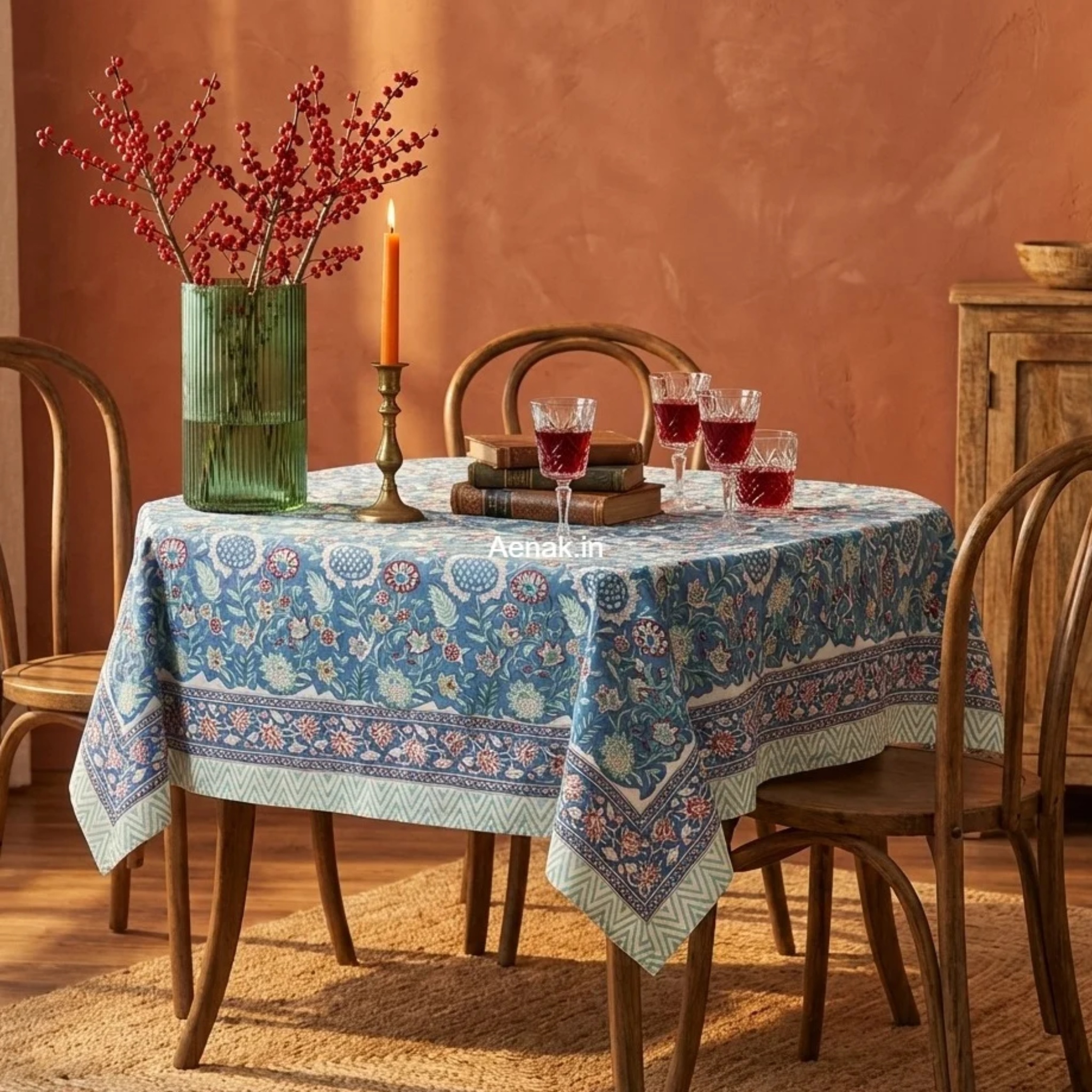 Blue Floral Garden Handblock Table Cover by Aenak Studios | Tooffi