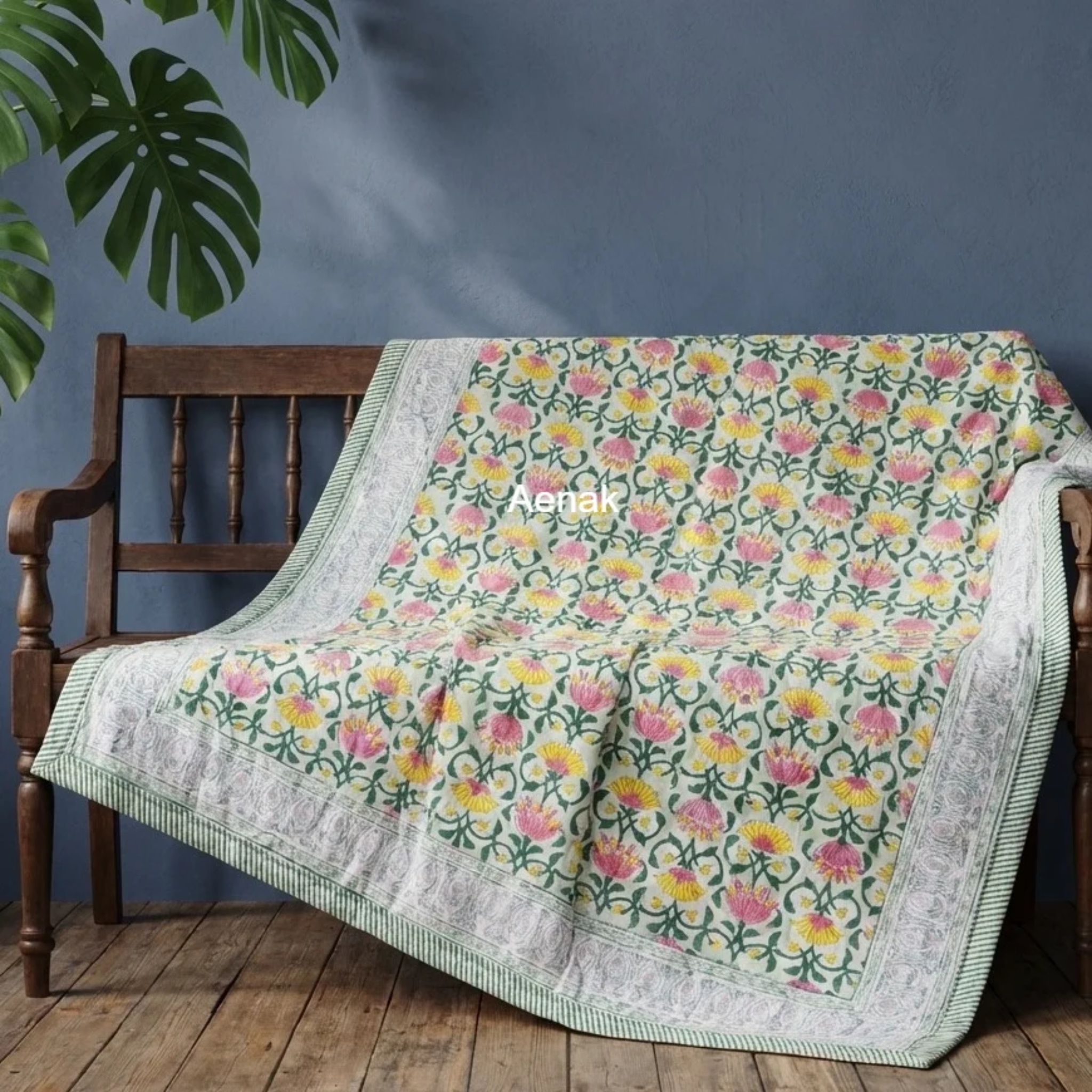 Pink & Yellow Lotus Handblock Mulmul Cotton Reversible Dohar by Aenak Studios | Tooffi