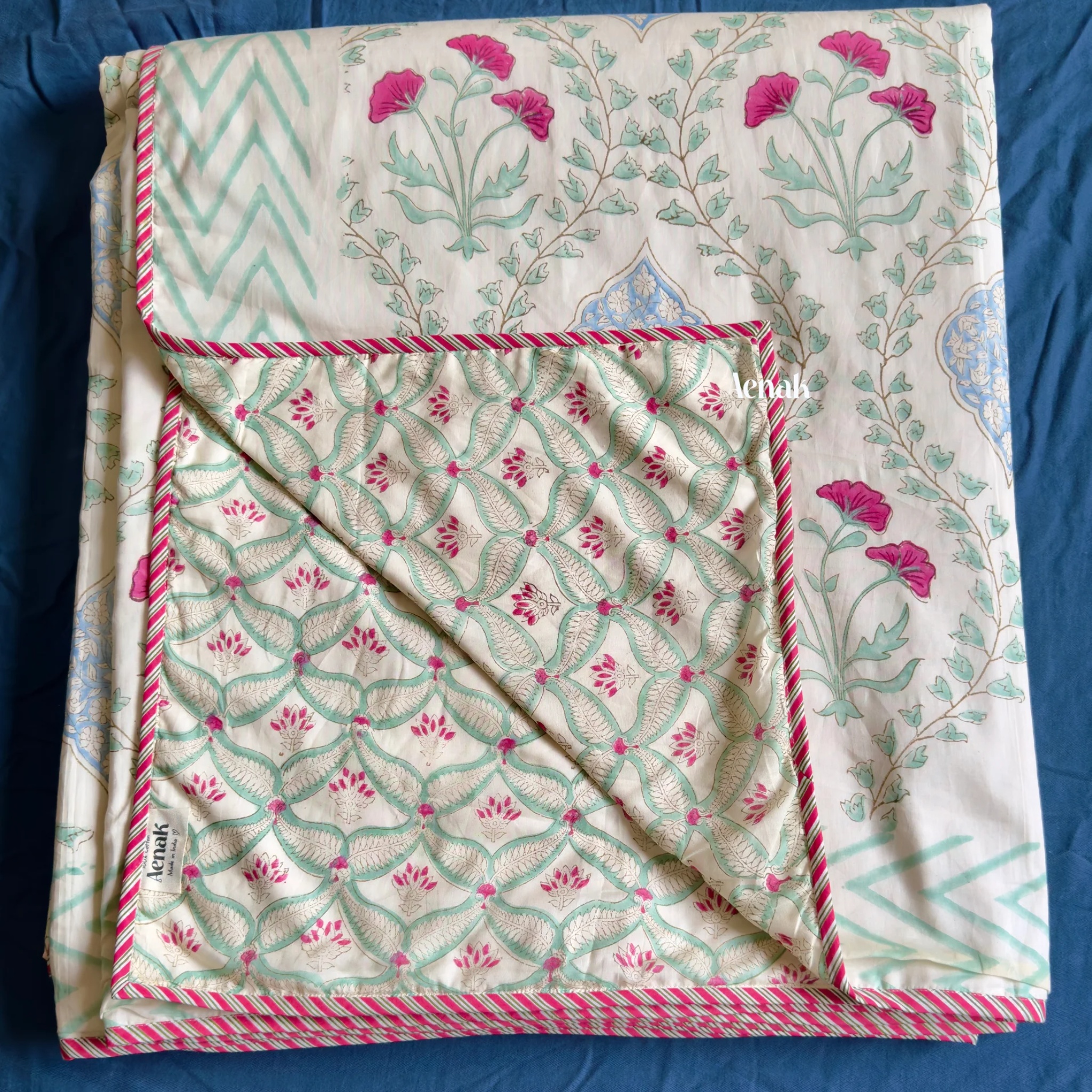 Pink Poppy Jaal Handblock Mulmul Cotton Reversible Dohar (Light Beige Base) by Aenak Studios | Tooffi