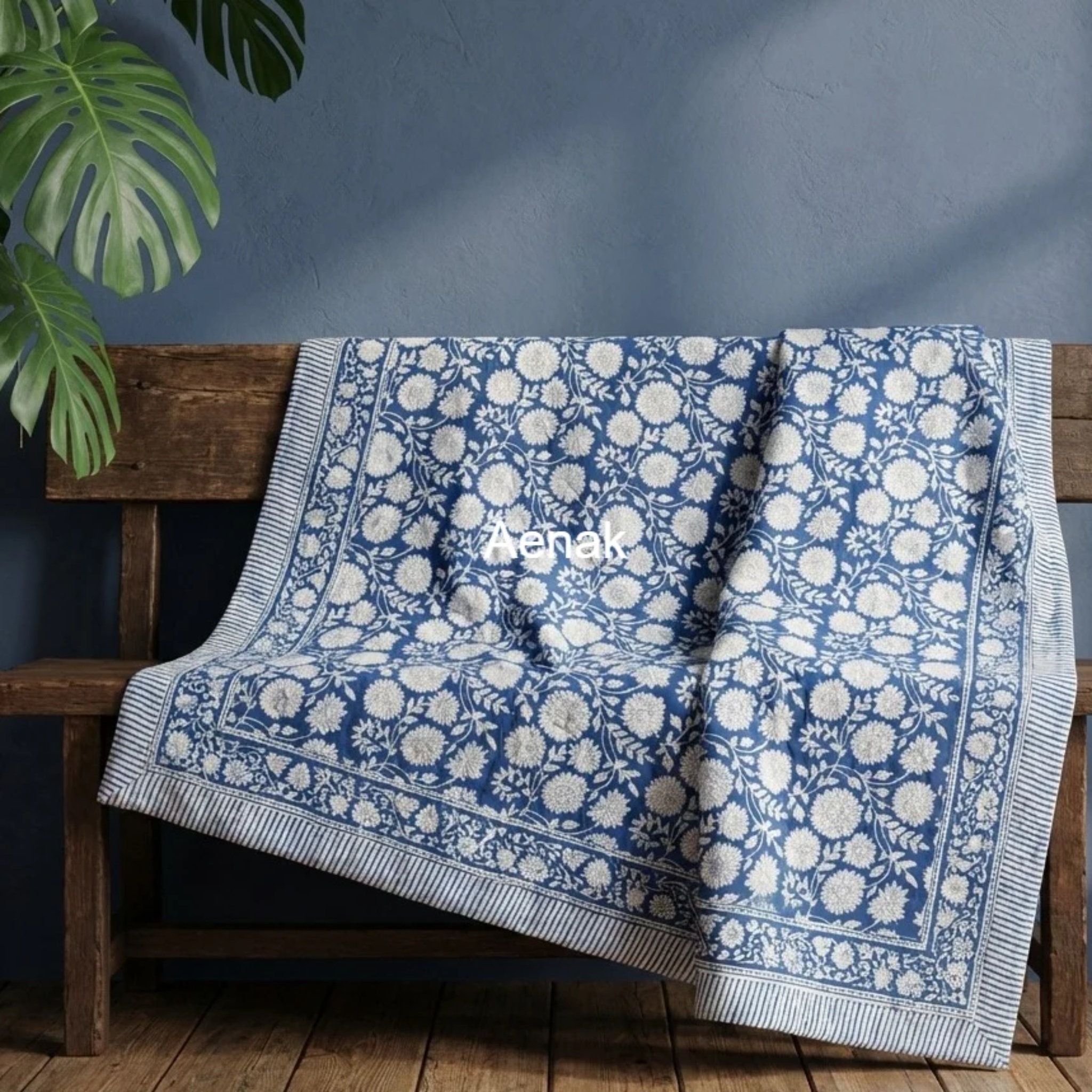 Blue Floral Garden Handblock Mulmul Cotton Reversible Dohar by Aenak Studios | Tooffi