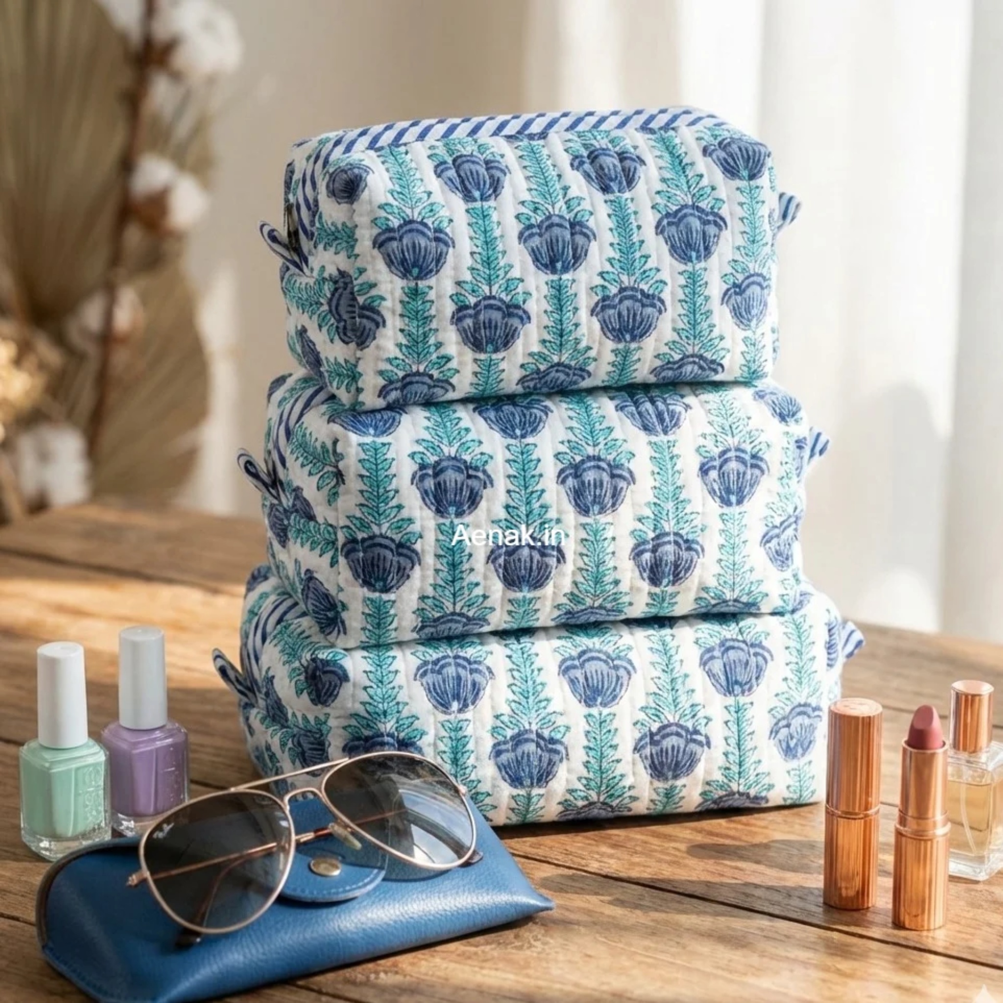 Blue Periwinkle Quilted Vanity Pouches-Set of 3 by Aenak Studios | Tooffi
