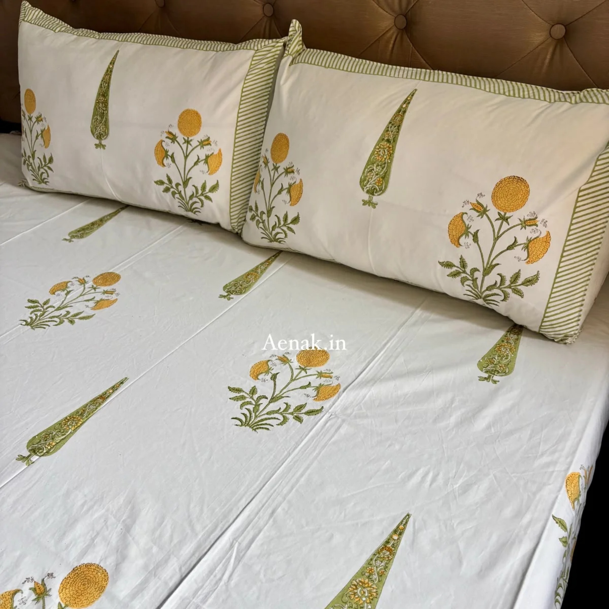 Yellow Dahlia Handblock Bedsheet + Dohar Combo Set by Aenak Studios | Tooffi
