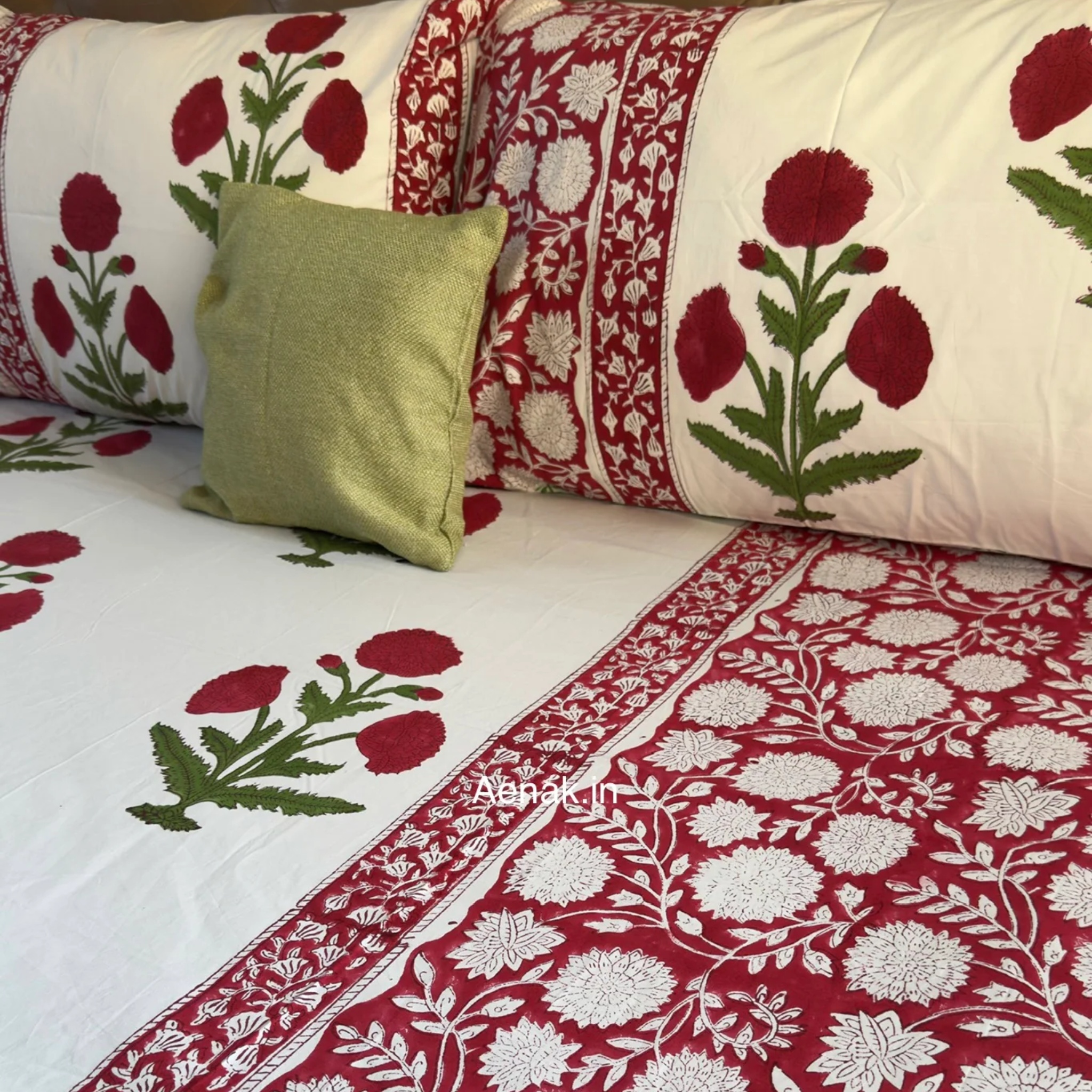 Red Dahlia Gadd Handblock Premium Cotton Bedsheet Set by Aenak Studios | Tooffi