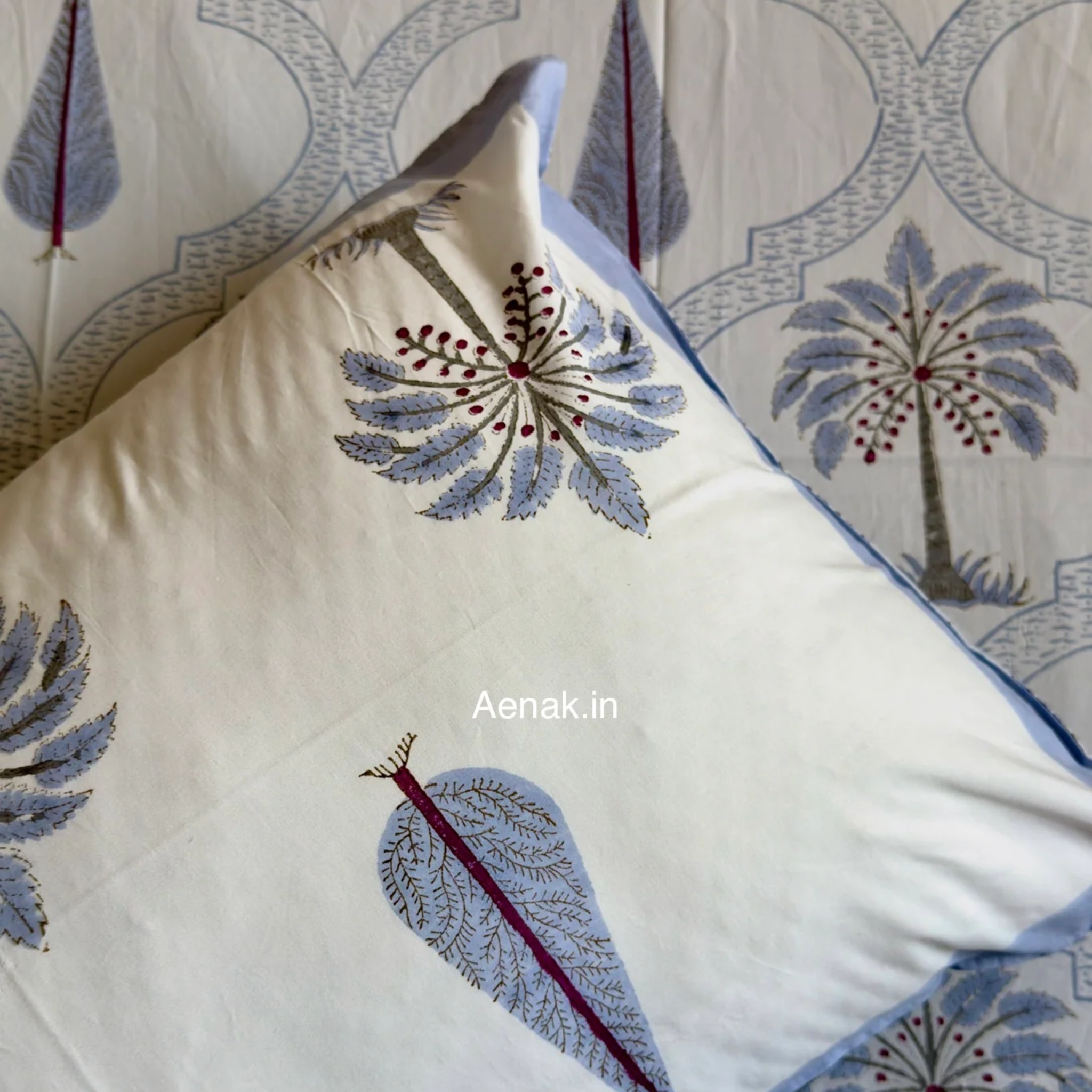 Blue Palm Jaal Handblock Premium Cotton Bedsheet Set by Aenak Studios | Tooffi