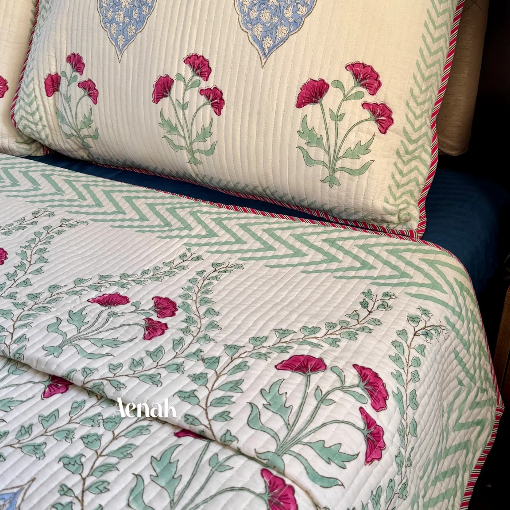 Pink Poppy Handblock Bedsheet + Quilted Bedcover Combo Set (Light Beige Base) by Aenak Studios | Tooffi