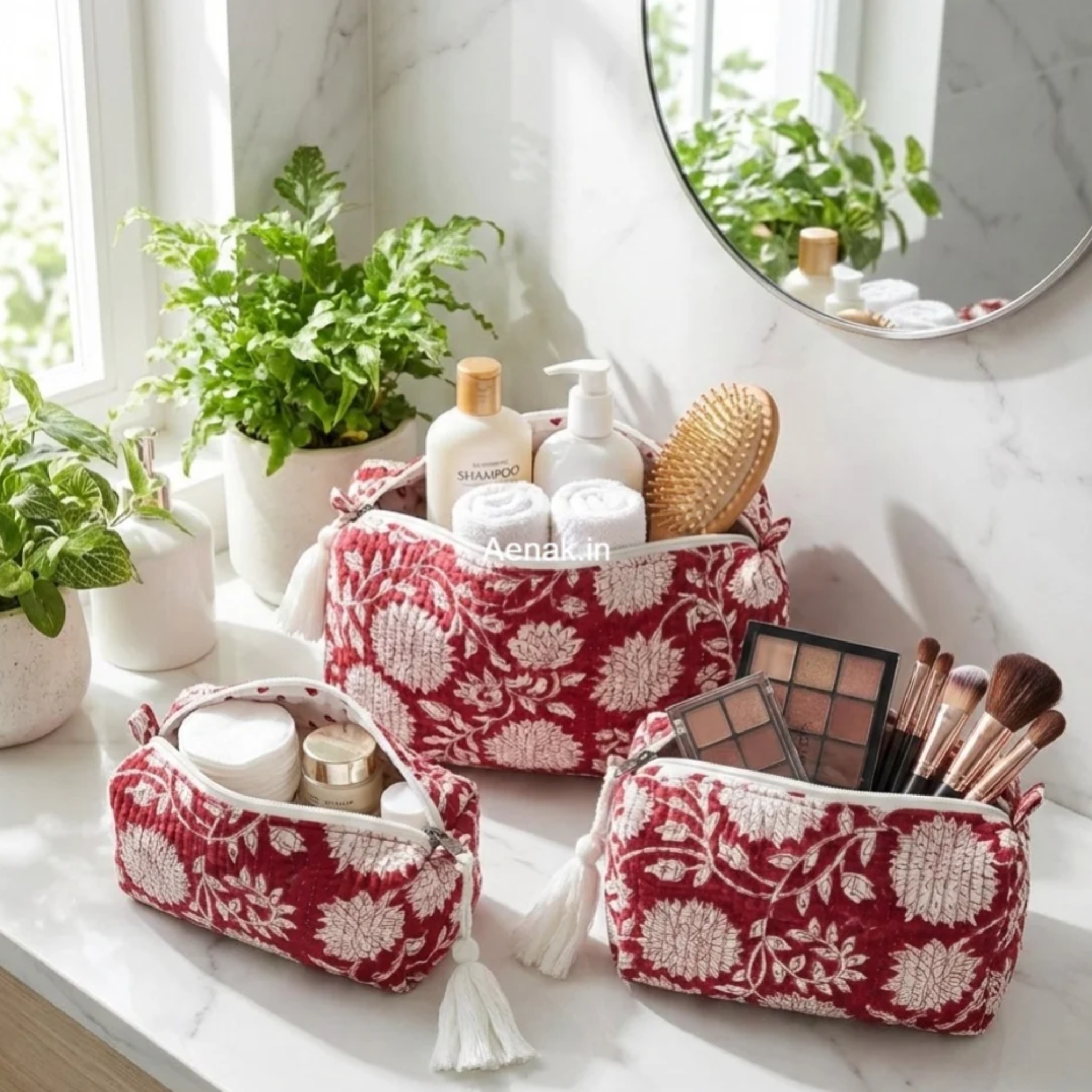 Red Floral Quilted Vanity Pouches-Set of 3 by Aenak Studios | Tooffi