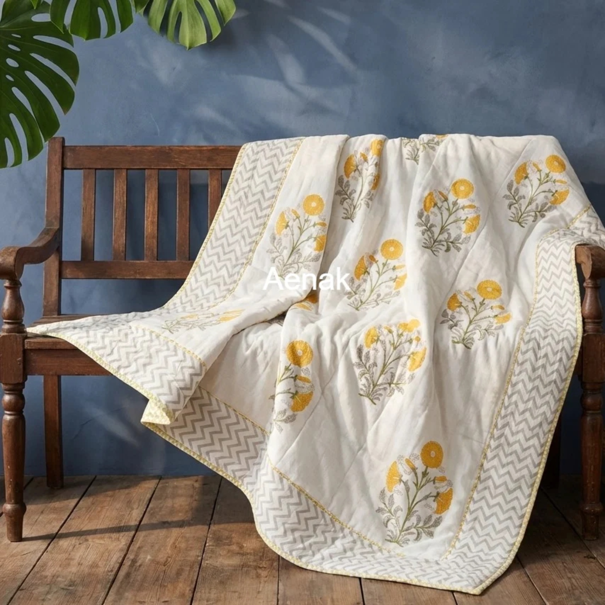 Yellow Dahlia Garden Handblock Mulmul Cotton Reversible Dohar by Aenak Studios | Tooffi