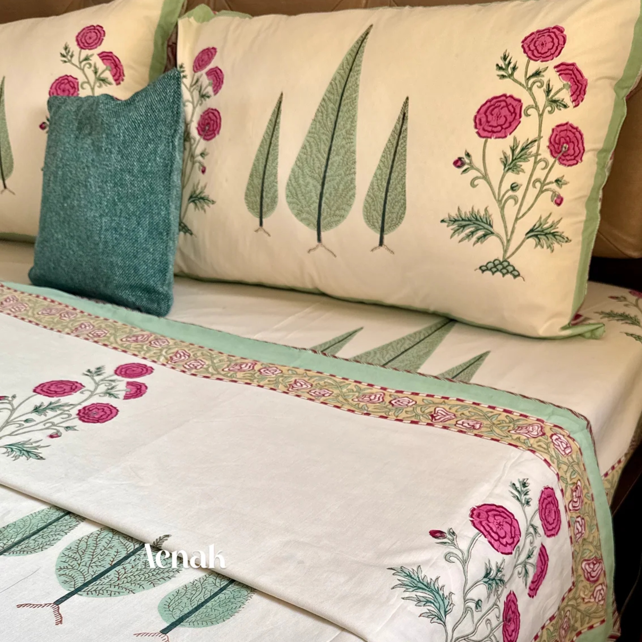 Magenta Floral Garden Handblock Mulmul Cotton Reversible Dohar (Ivory Base) by Aenak Studios | Tooffi