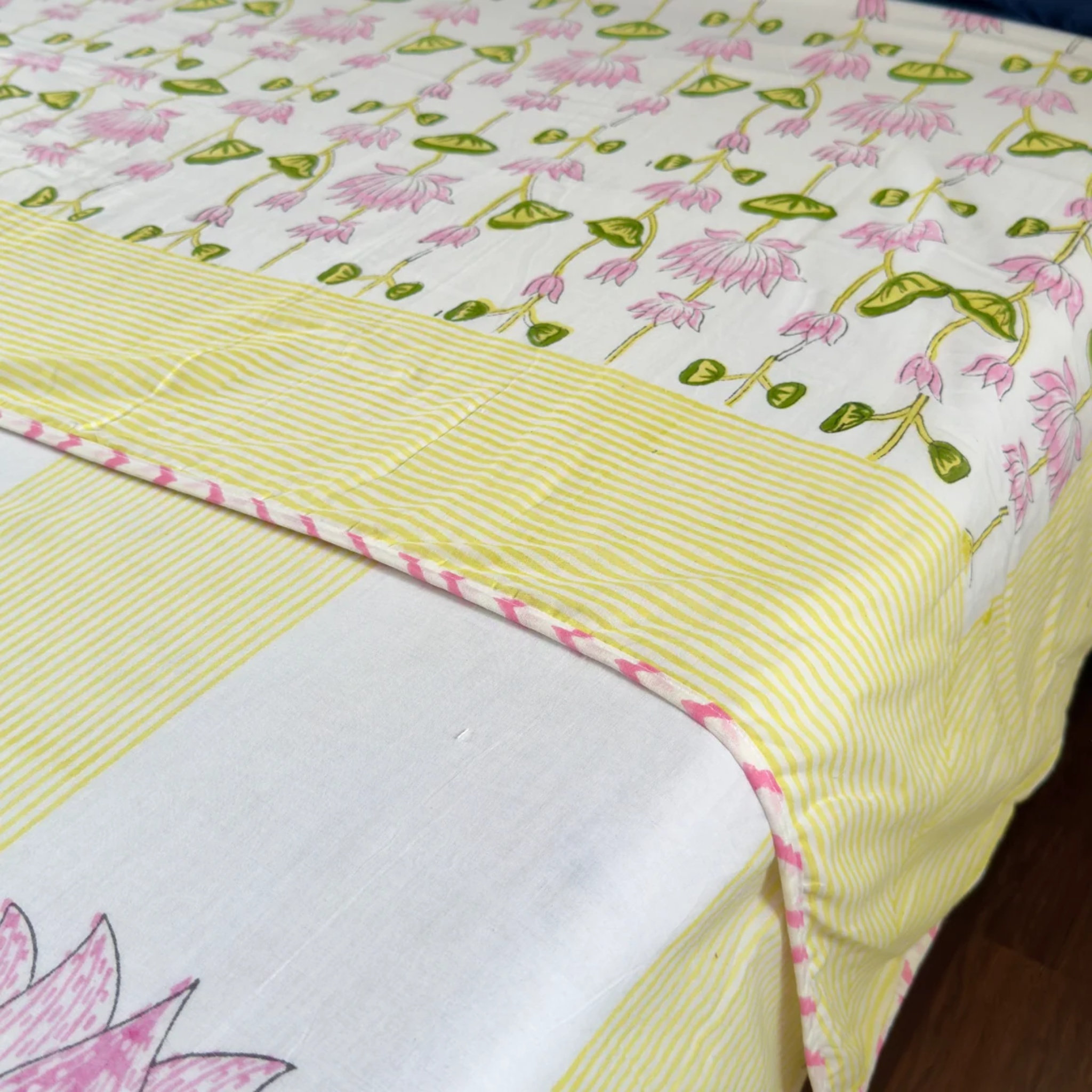 Pichwai Lotus Handblock Mulmul Cotton Reversible Dohar by Aenak Studios | Tooffi