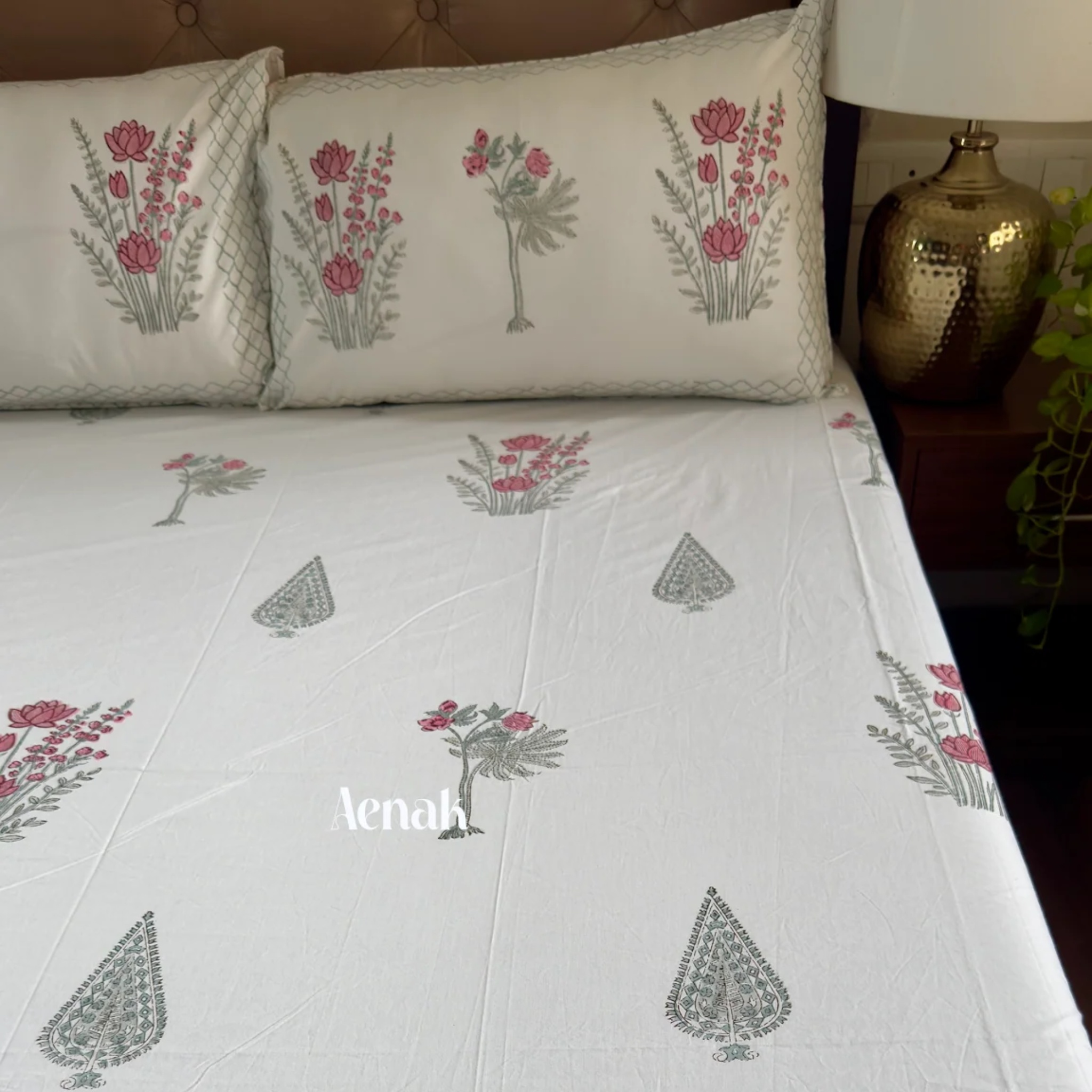 Green Ashoka Handblock Premium Cotton Bedsheet Set by Aenak Studios | Tooffi