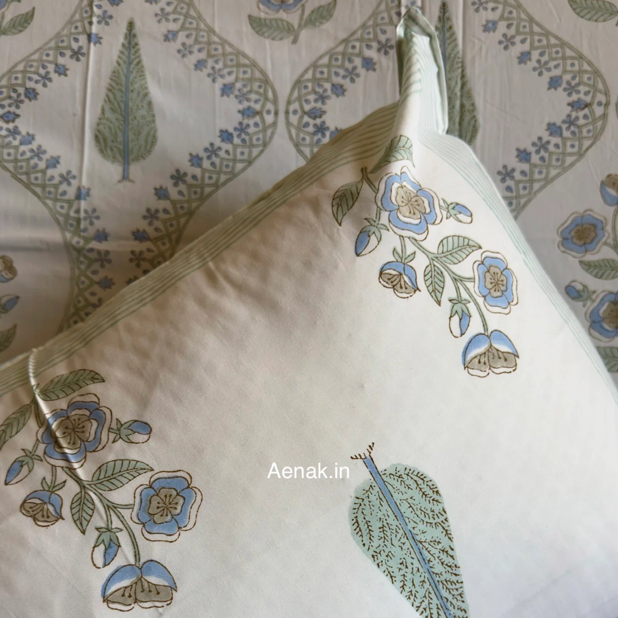 Blue Periwinkle Jaal Handblock Premium Cotton Bedsheet Set by Aenak Studios | Tooffi